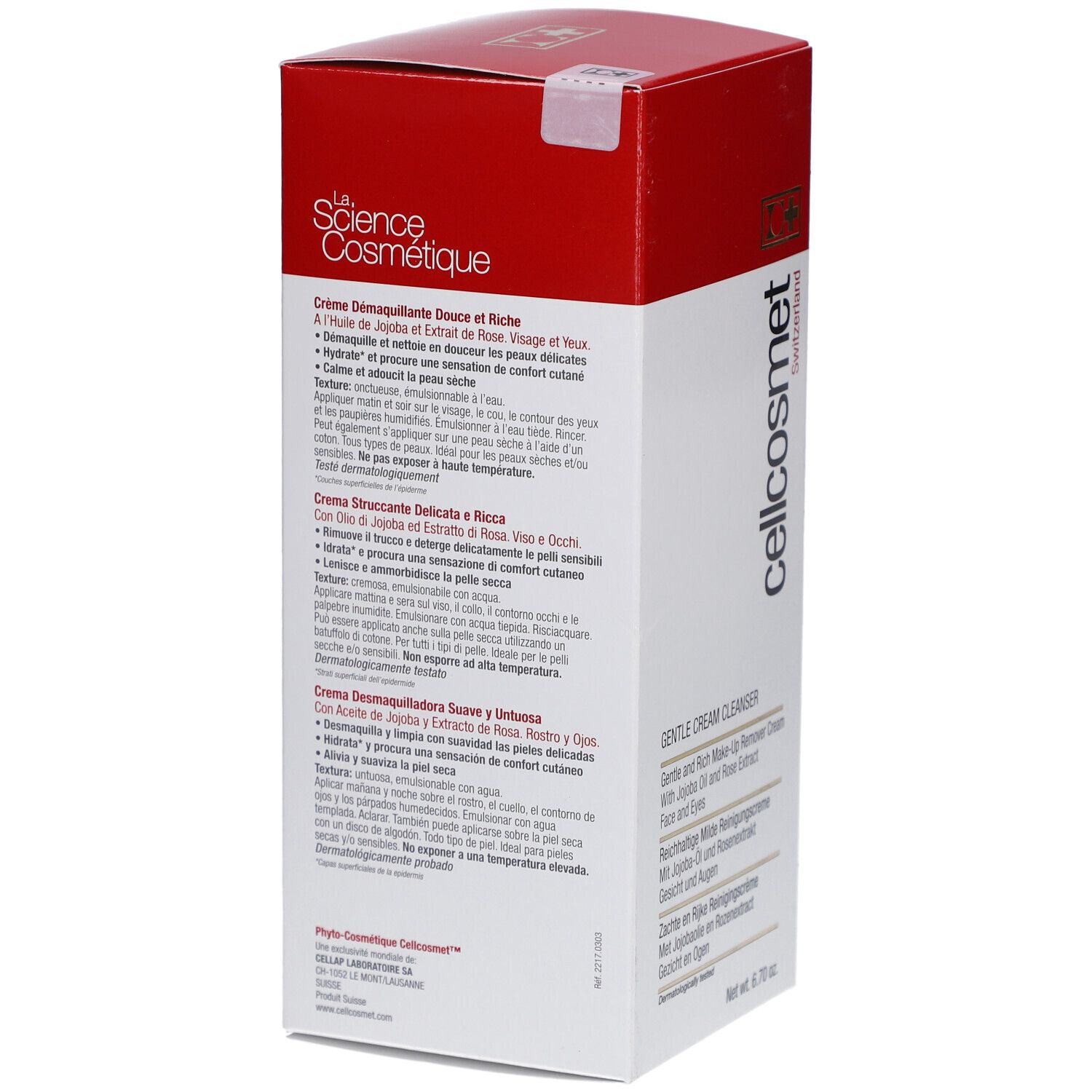 Emballage avec informations produit. Texte: cellcosmet, Gentle Cream Cleanser. Contient huile de jojoba et extrait de rose. Multilingue.