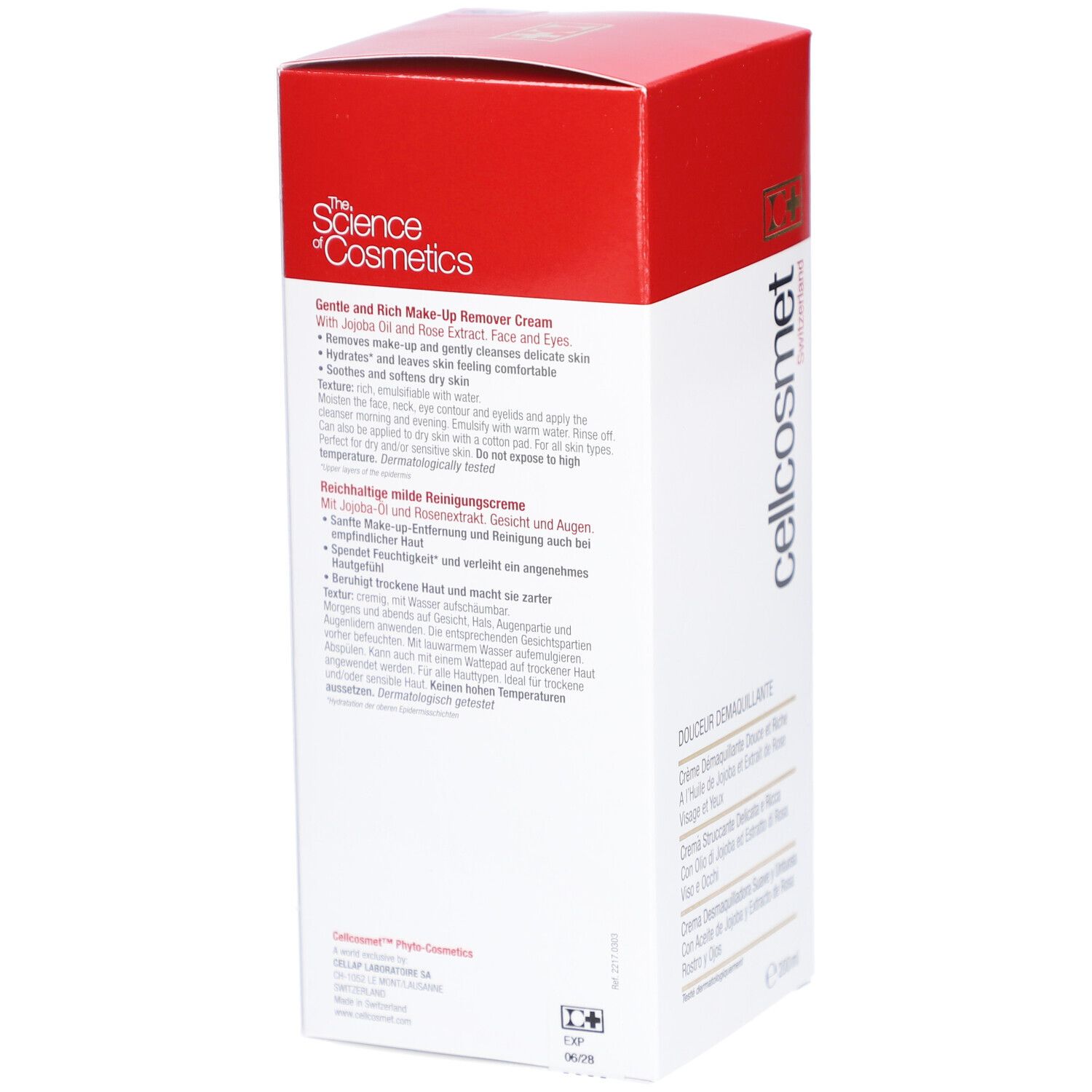 Emballage avec informations produit. Texte: cellcosmet, Gentle Cream Cleanser. Contient huile de jojoba et extrait de rose. Multilingue.