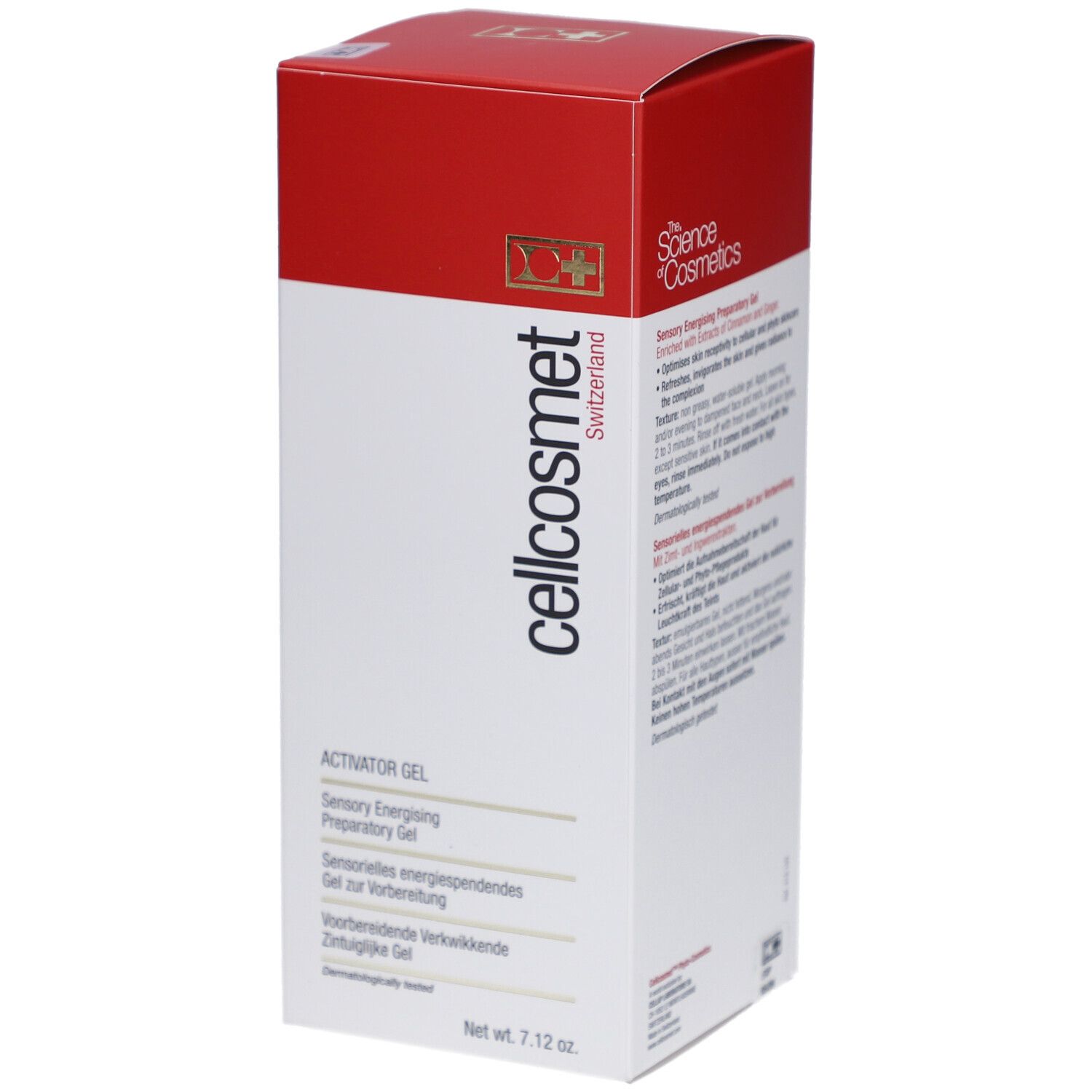 Weiß-rote Schachtel mit "cellcosmet"-Logo. Text: "Activator Gel". Schweizer Kosmetik.