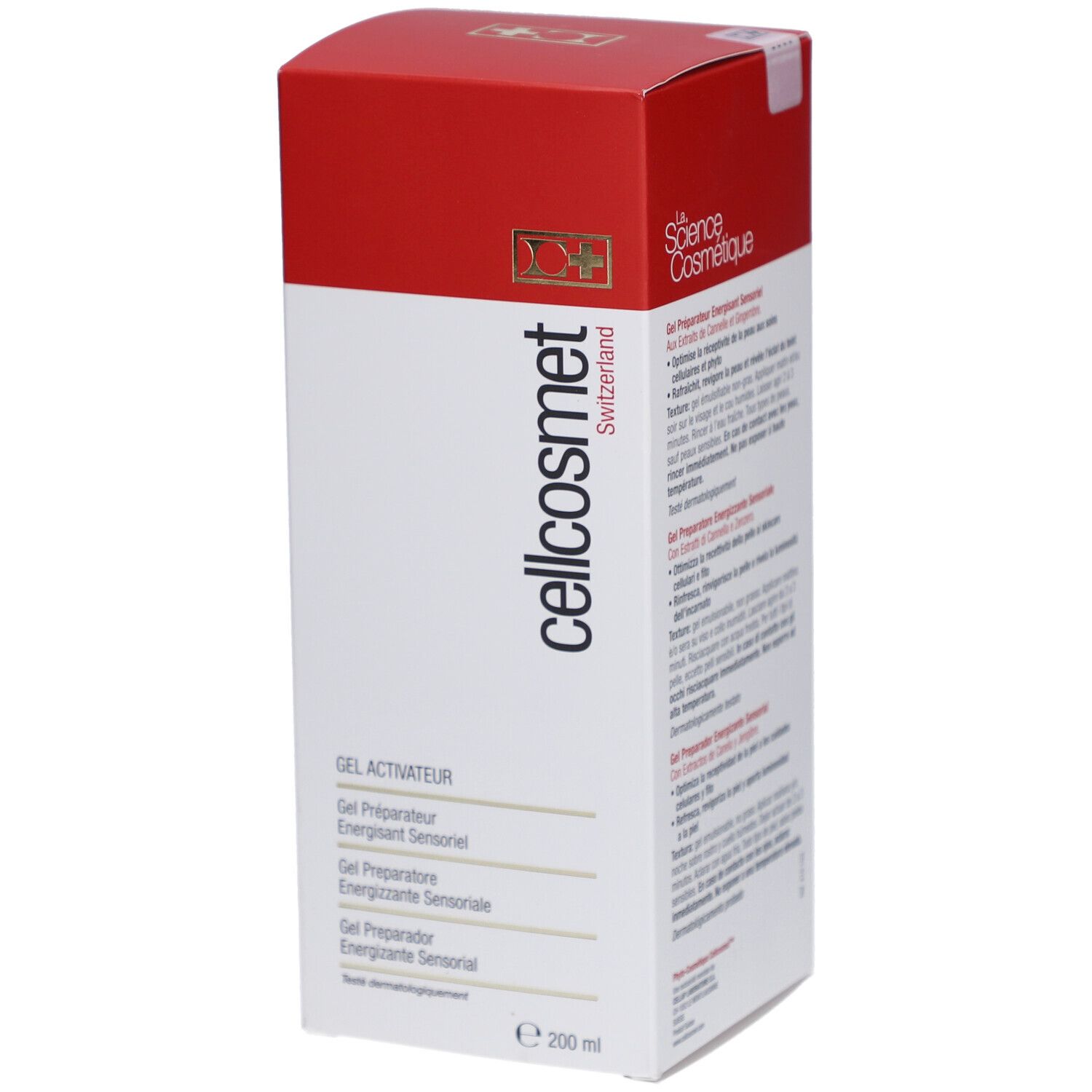 Weiß-rote Schachtel mit "cellcosmet"-Logo. Text: "Gel Activateur". Schweizer Kosmetik.