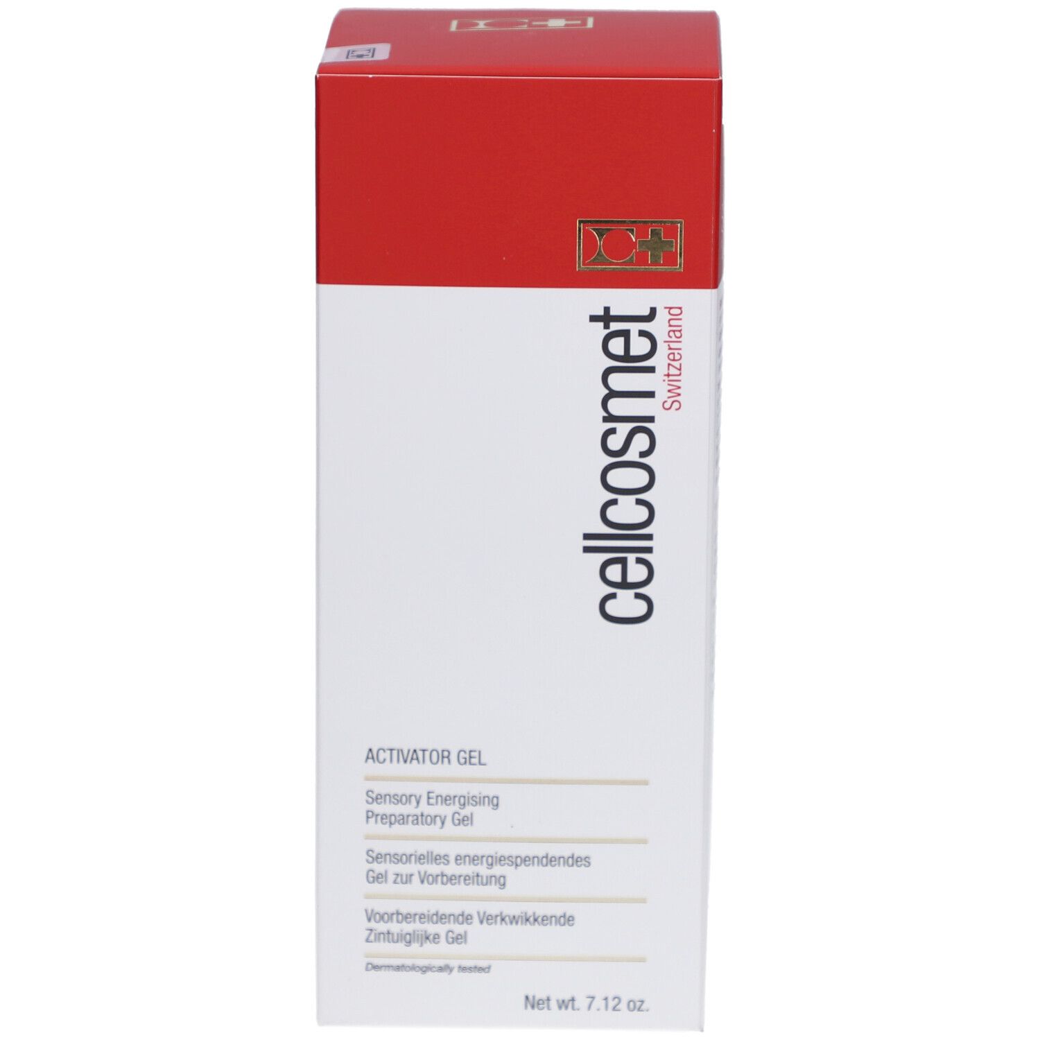 Weiß-rote Schachtel mit "cellcosmet"-Logo. Text: "Activator Gel". Schweizer Kosmetik.