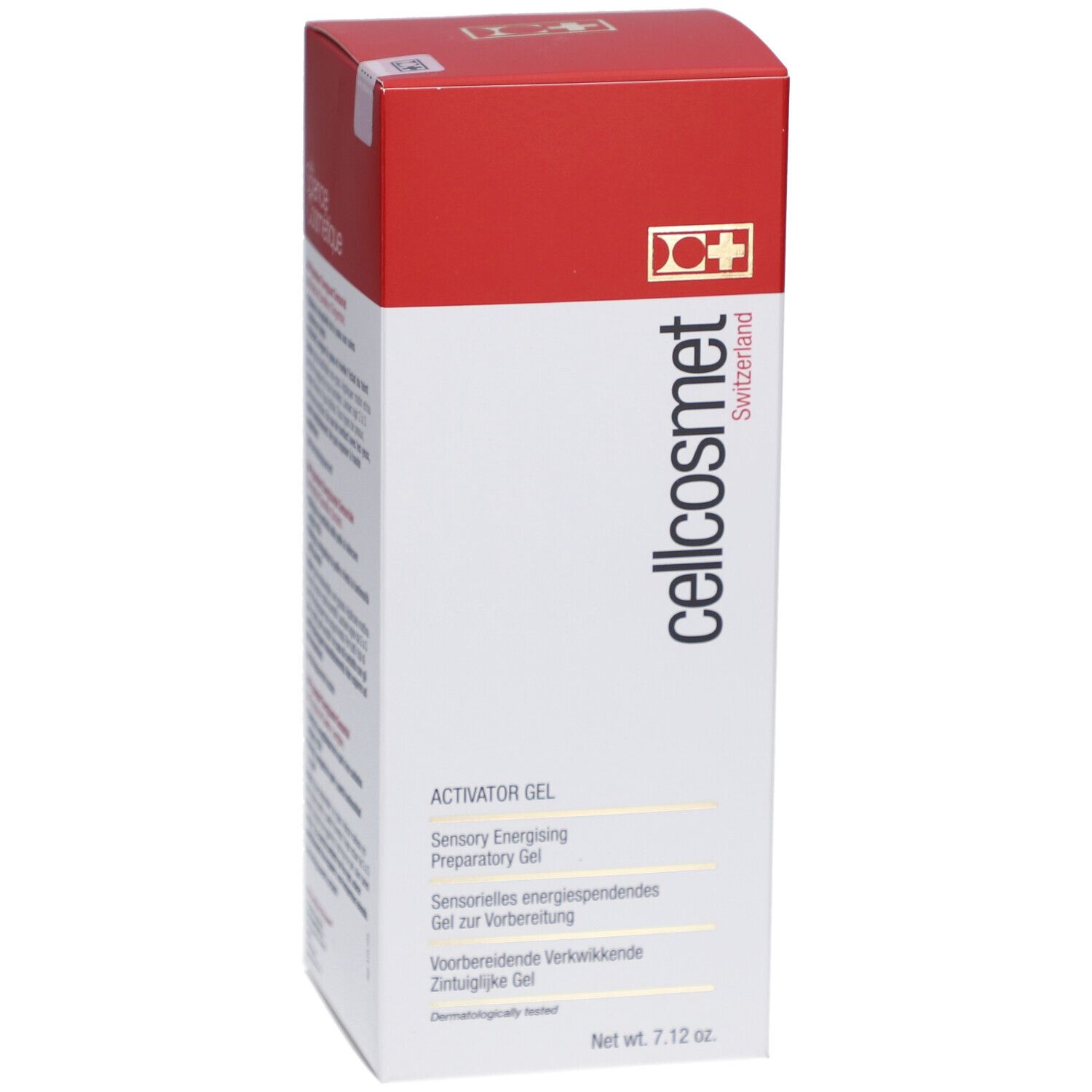 Weiß-rote Schachtel mit "cellcosmet"-Logo. Text: "Activator Gel". Schweizer Kosmetik.