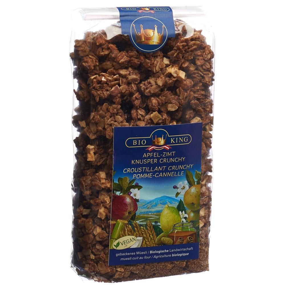 BIO KING Apfel-Zimt Knusper Crunchy Müsli in transparenter Verpackung. Mit veganem Siegel.
