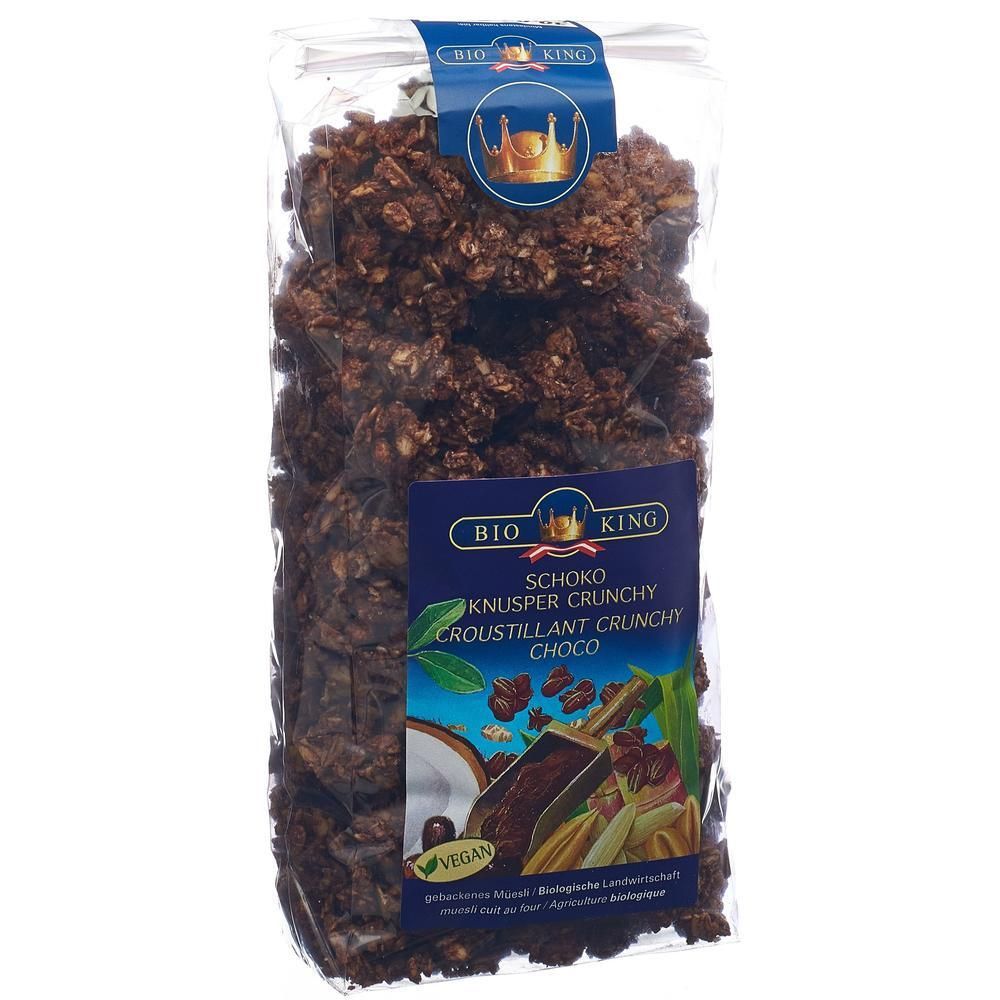 BIO KING Schoko Knusper Crunchy Müsli in transparenter Verpackung.