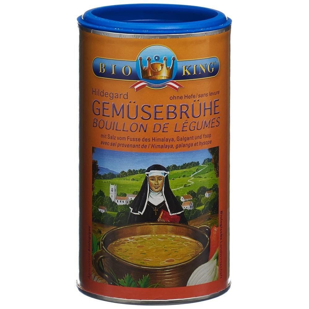 BIO KING Hildegard Gemüsebrühe Dose mit Abbildung einer Nonne und einer Suppenschüssel.