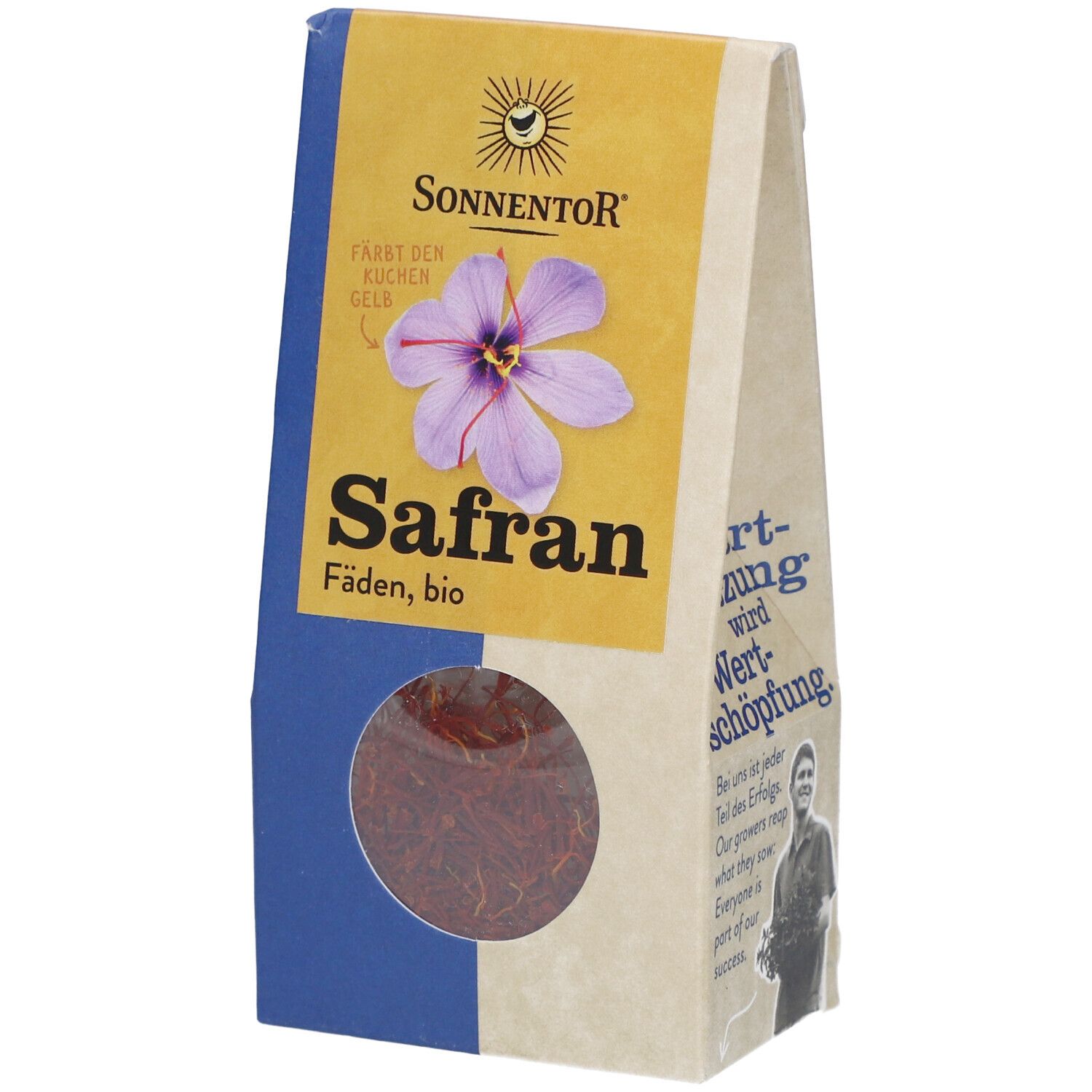 Sonnentor Safranfäden, bio. Verpackung mit Sichtfenster. Gelbes Logo mit Blume. Blaue und beige Verpackung.