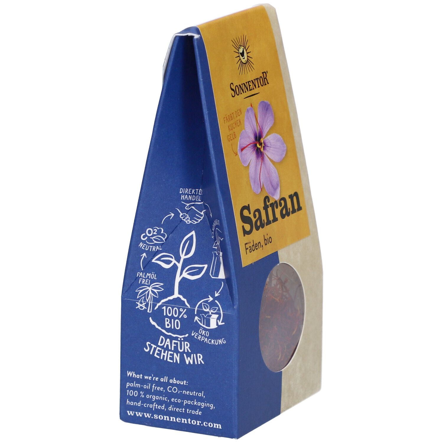 Sonnentor Safranfäden, bio. Dreieckige Verpackung. Blaue Seite mit Text und Logo. Sichtfenster mit Safran.