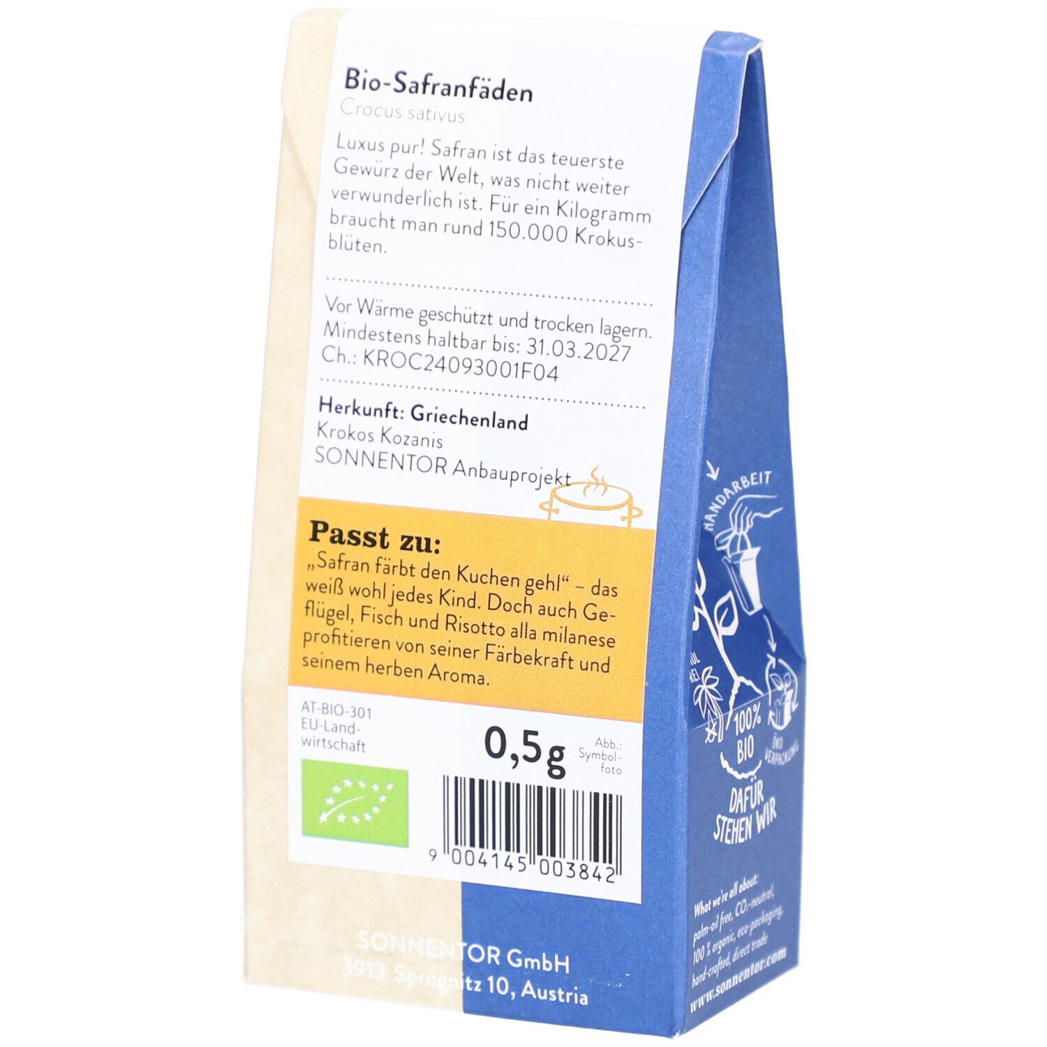 Rückseite der Sonnentor Safranfäden Verpackung. Text über Safran und Herkunft. Bio-Siegel. 0,5g Inhalt.