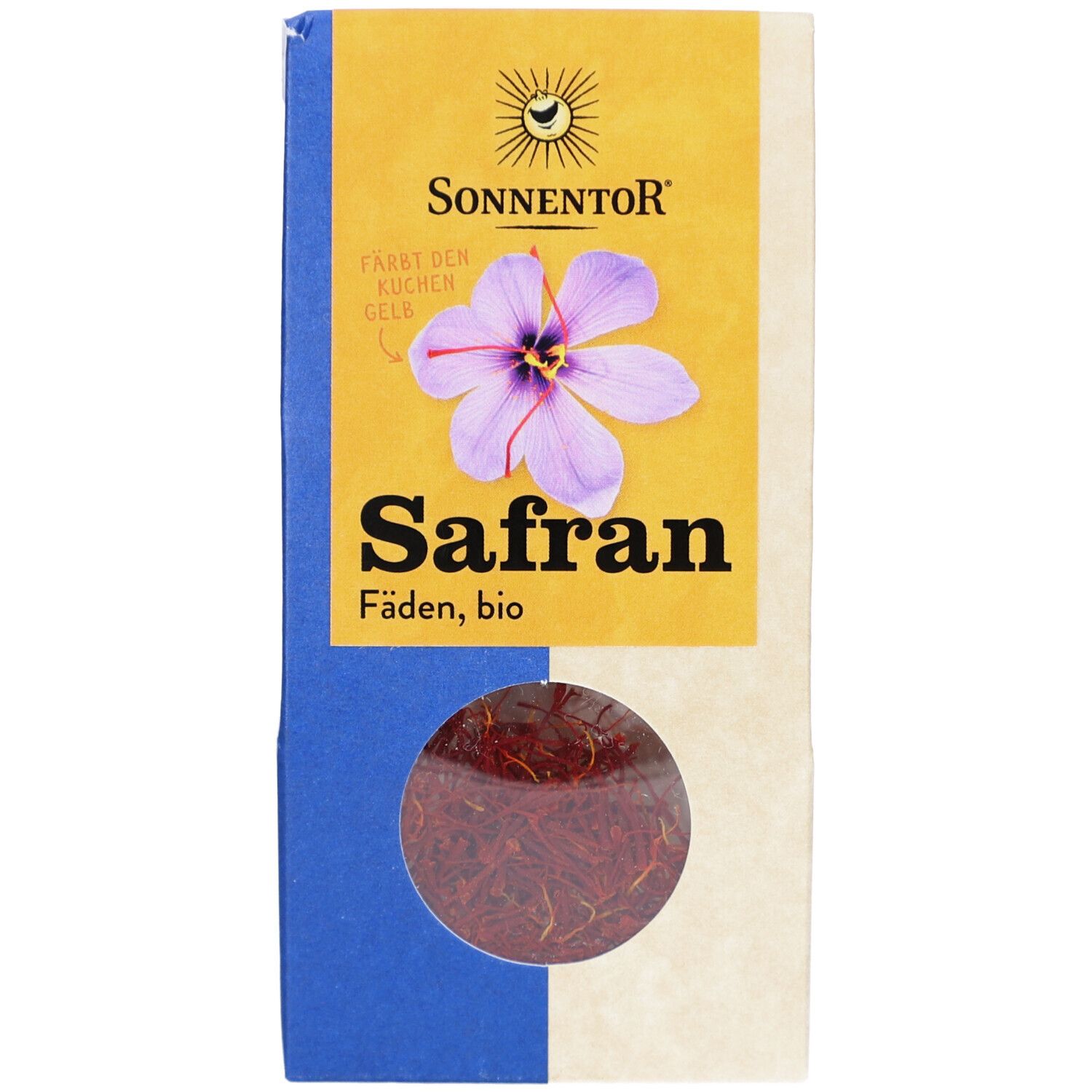 Sonnentor Safranfäden, bio. Verpackung mit Sichtfenster. Gelbes Logo mit Blume. Blaue und beige Verpackung.
