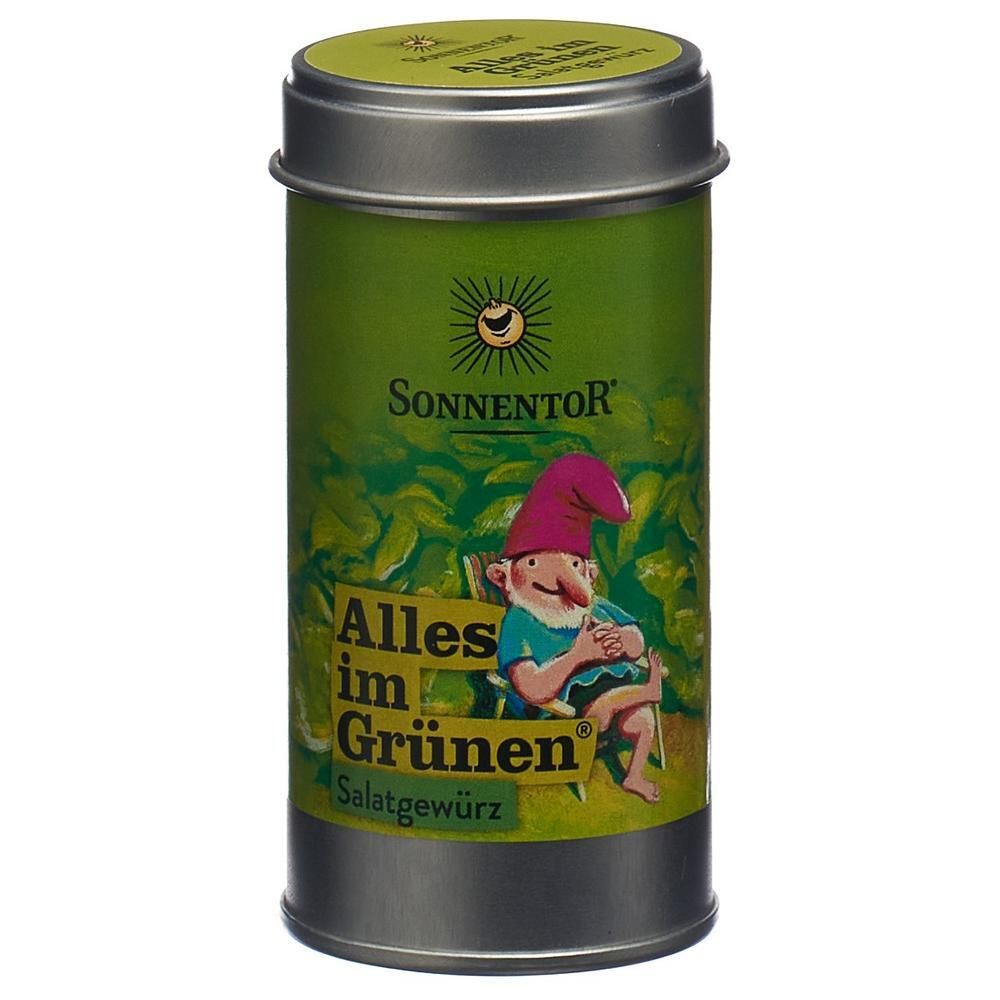 SONNENTOR Alles im Grünen Salatgewürz in grüner Dose mit Gartenzwerg-Illustration.