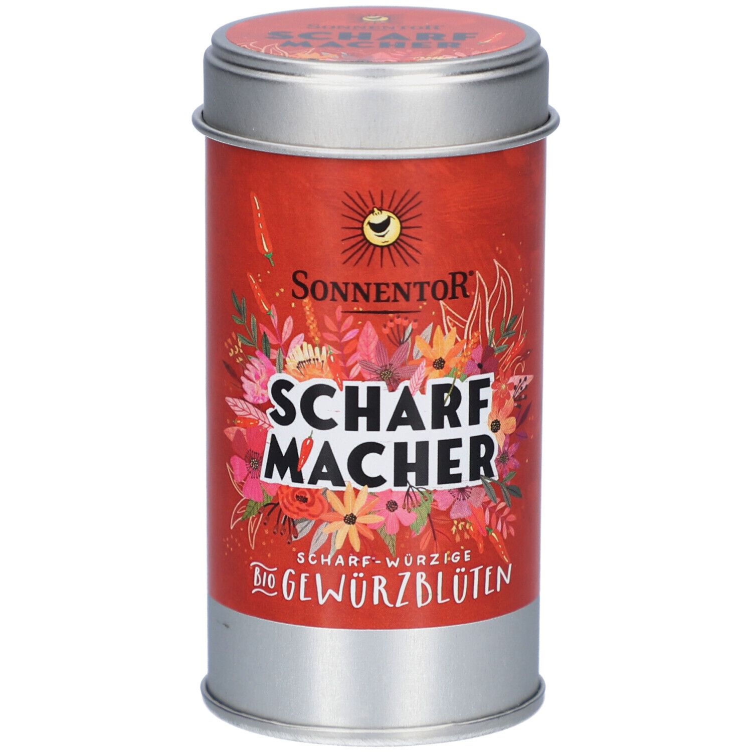 Boîte ronde avec étiquette rouge. Inscription : SCHARFMACHER, BIO GEWÜRZBLÜTEN. Logo : Soleil. Illustration florale.
