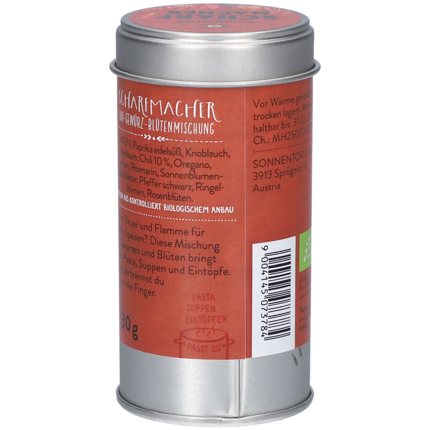 Boîte ronde, côté. Étiquette rouge avec texte. Liste des ingrédients, texte : Pâtes, soupes, ragoûts. Label bio. Poids : 30g.