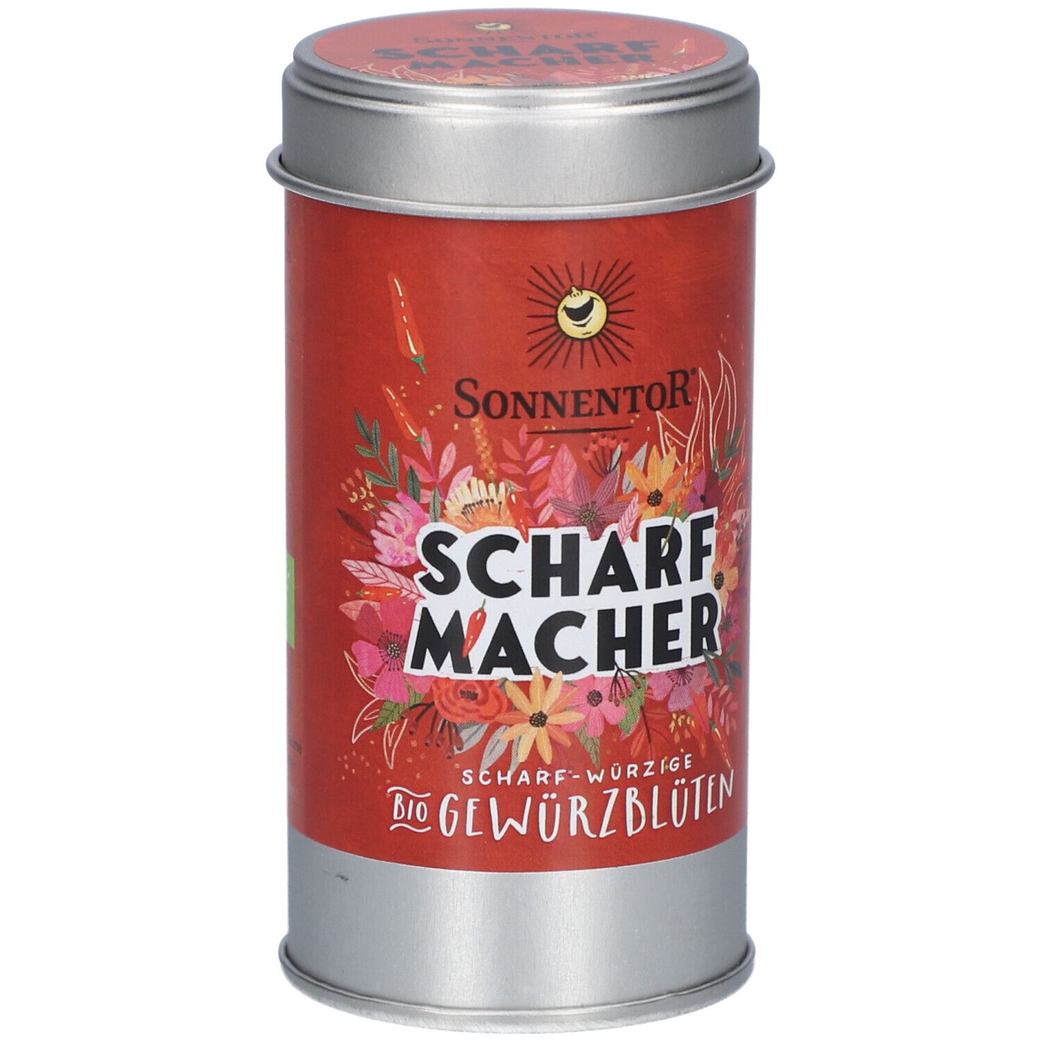Boîte ronde avec étiquette rouge. Inscription : SCHARFMACHER, BIO GEWÜRZBLÜTEN. Logo : Soleil. Illustration florale.