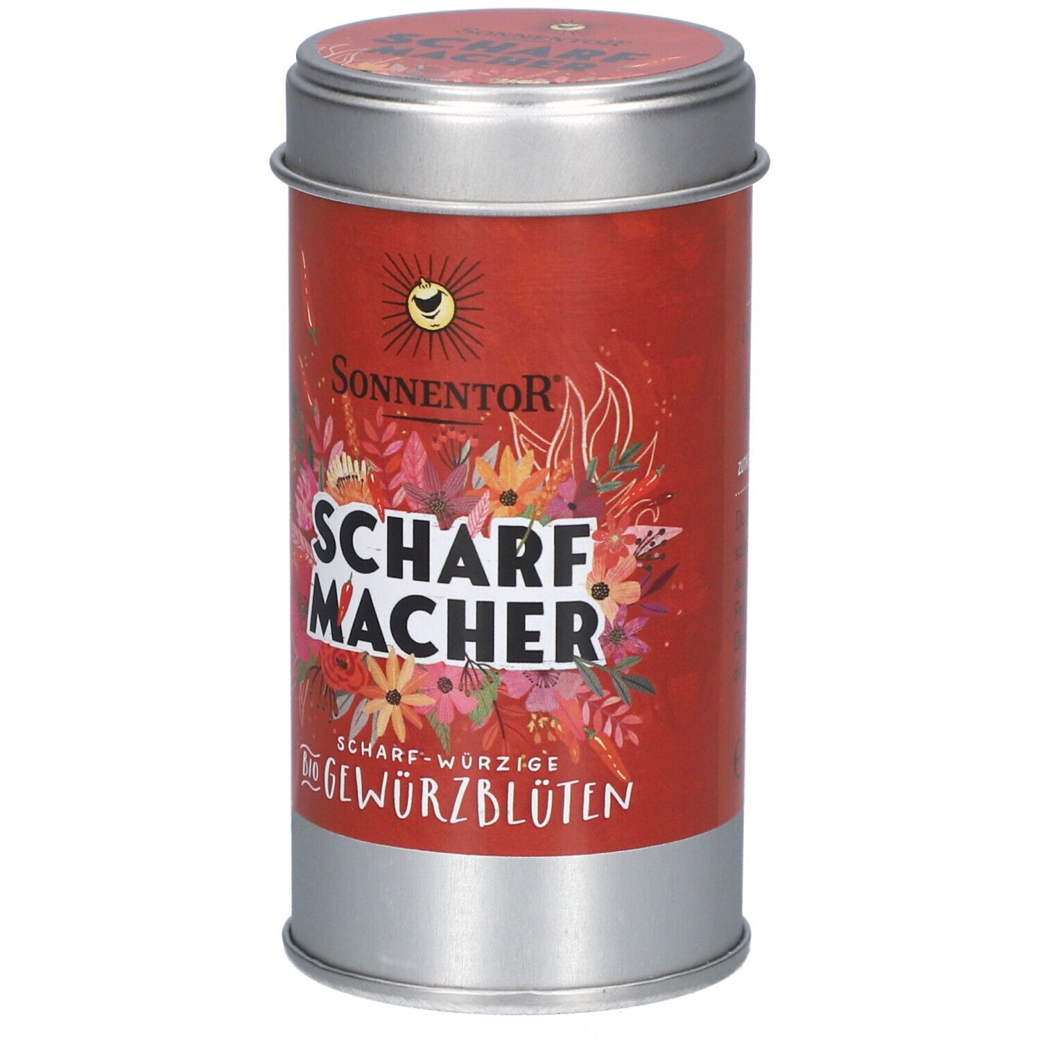 Boîte ronde avec étiquette rouge. Inscription : SCHARFMACHER, BIO GEWÜRZBLÜTEN. Logo : Soleil. Illustration florale.