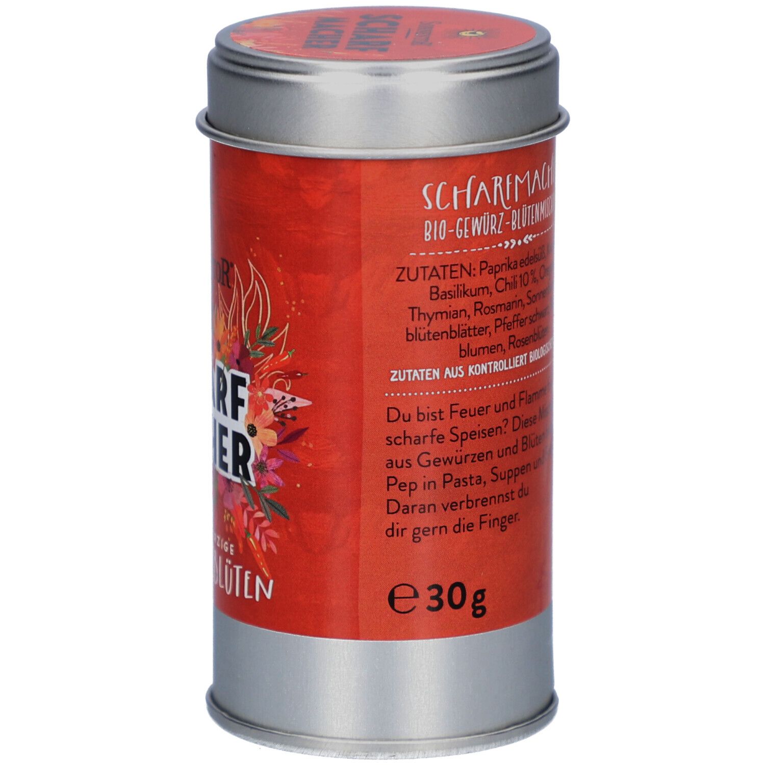 Boîte ronde, côté. Étiquette rouge avec texte. Liste des ingrédients, texte : Pâtes, soupes, ragoûts. Label bio. Poids : 30g.