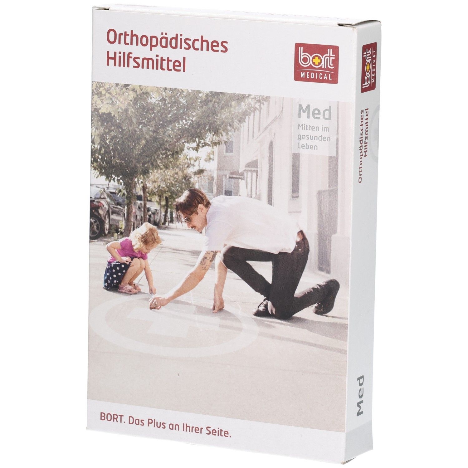 Produktverpackung. Aufdruck: Orthopädisches Hilfsmittel, BORT MEDICAL, Med. Abbildung: Mann und Kind malen auf dem Boden.