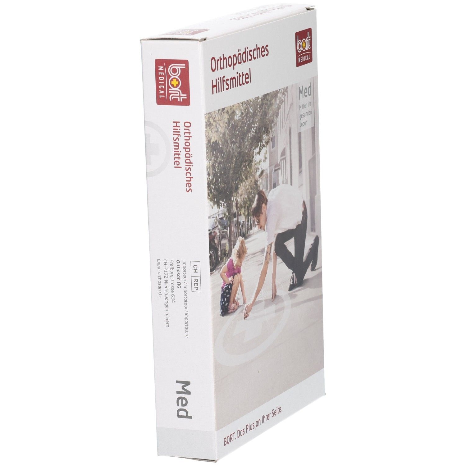 Produktverpackung. Aufdruck: Orthopädisches Hilfsmittel, BORT MEDICAL, Med. Seitenansicht. Text und Logo.