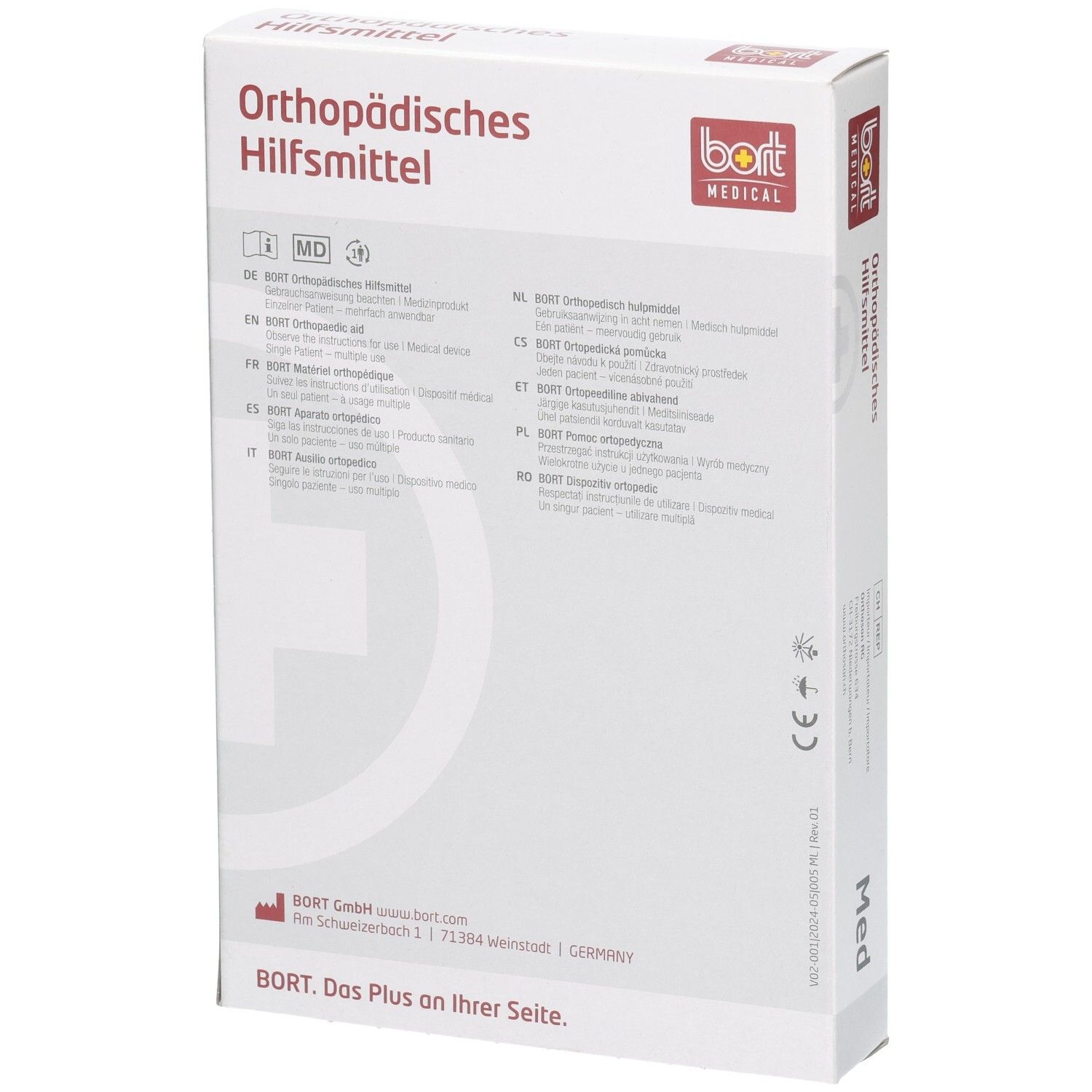 Produktverpackung. Aufdruck: Orthopädisches Hilfsmittel, BORT MEDICAL, Med. Rückseite mit Text in mehreren Sprachen.