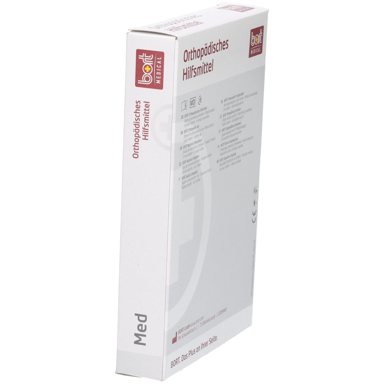Produktverpackung. Aufdruck: Orthopädisches Hilfsmittel, BORT MEDICAL, Med. Seitenansicht mit Text.
