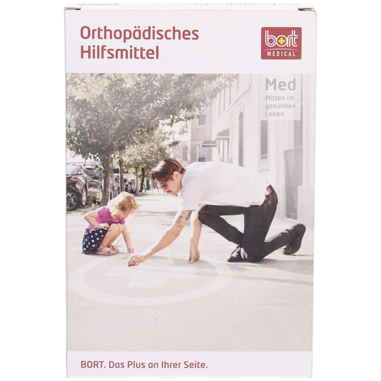 Produktverpackung. Aufdruck: Orthopädisches Hilfsmittel, BORT MEDICAL, Med. Abbildung: Mann und Kind malen auf dem Boden.