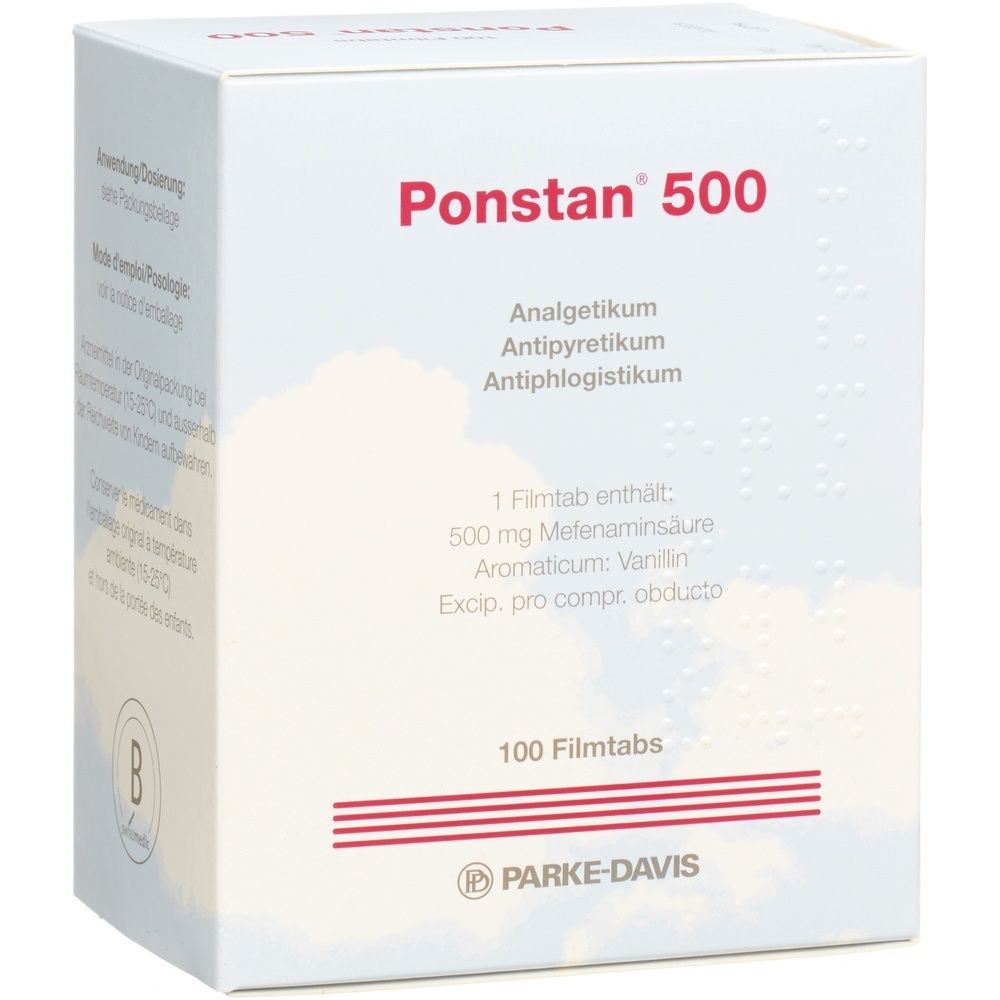 Kartonverpackung mit roter Schrift. Aufschrift: Ponstan 500. Produktinformationen und Logos sind ebenfalls sichtbar.