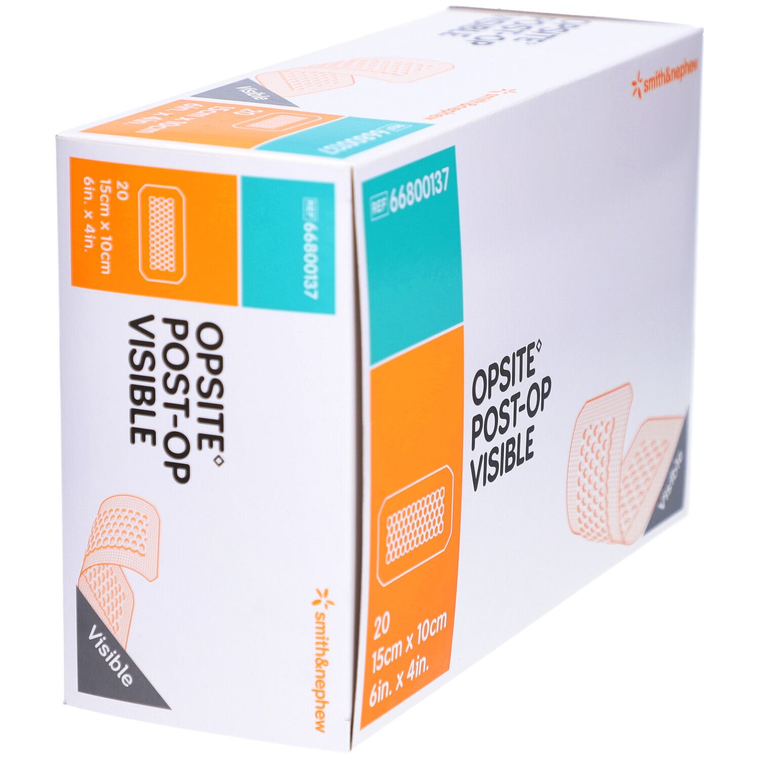 Verpackung von Smith & Nephew OPSITE Post-OP. Enthält 20 Verbände, 15cm x 10cm. Marke und Produktbezeichnung deutlich sichtbar.