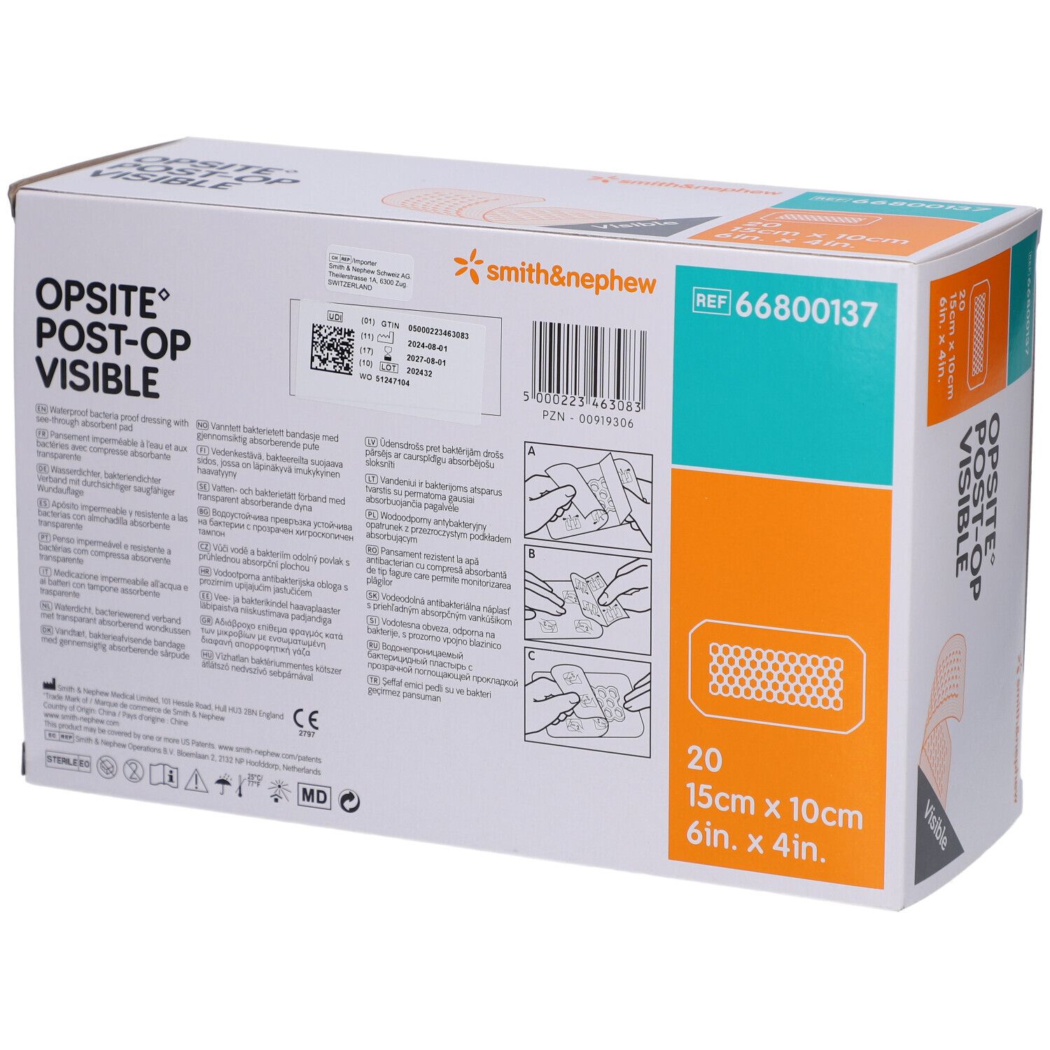 Rückseite der Verpackung von Smith & Nephew OPSITE Post-OP. Enthält Informationen und Abbildungen. Produktname und Größe sind angegeben.