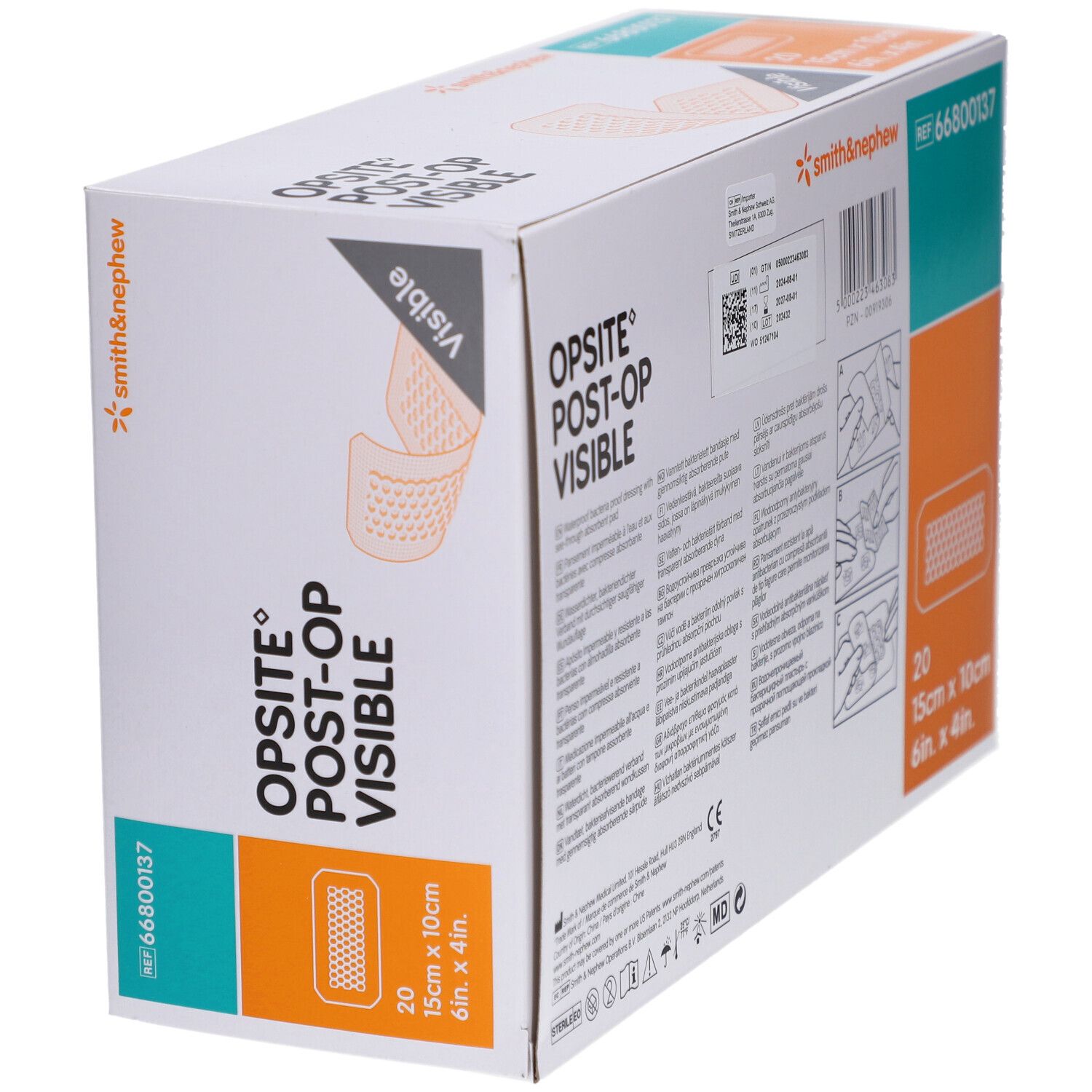 Verpackung von Smith & Nephew OPSITE Post-OP. Enthält 20 Verbände, 15cm x 10cm. Marke und Produktbezeichnung deutlich sichtbar.