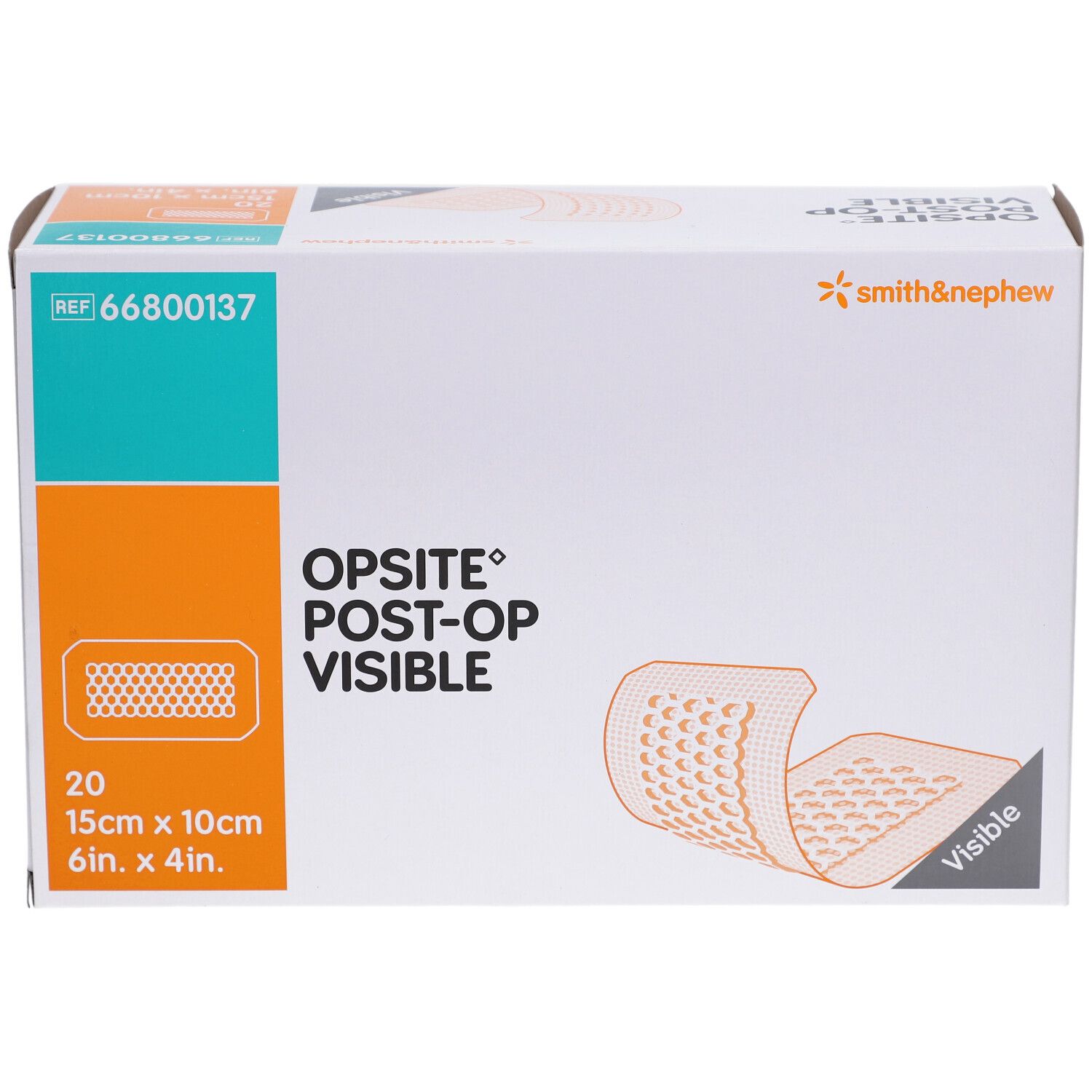 Verpackung von Smith & Nephew OPSITE Post-OP. Enthält 20 Verbände, 15cm x 10cm. Marke und Produktbezeichnung deutlich sichtbar.