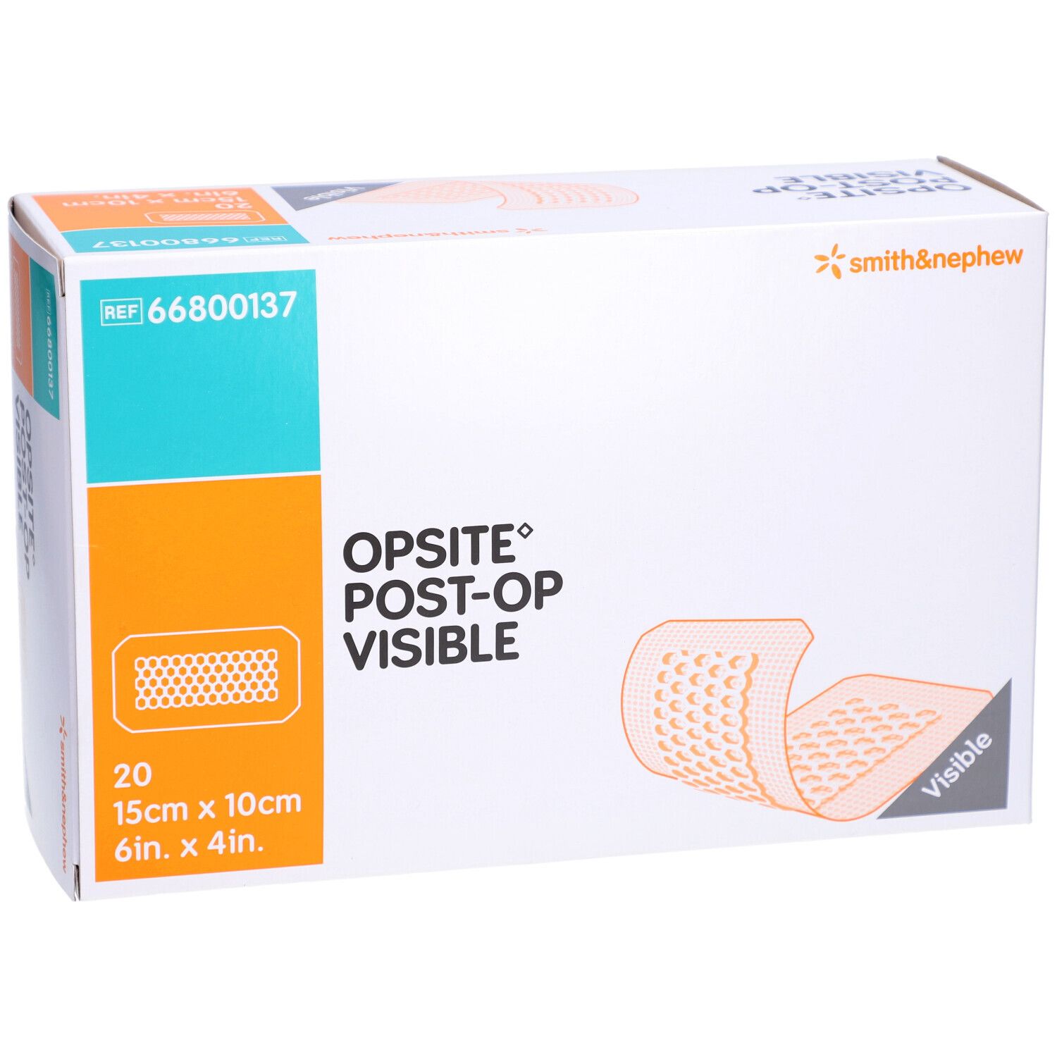 Verpackung von Smith & Nephew OPSITE Post-OP. Enthält 20 Verbände, 15cm x 10cm. Marke und Produktbezeichnung deutlich sichtbar.