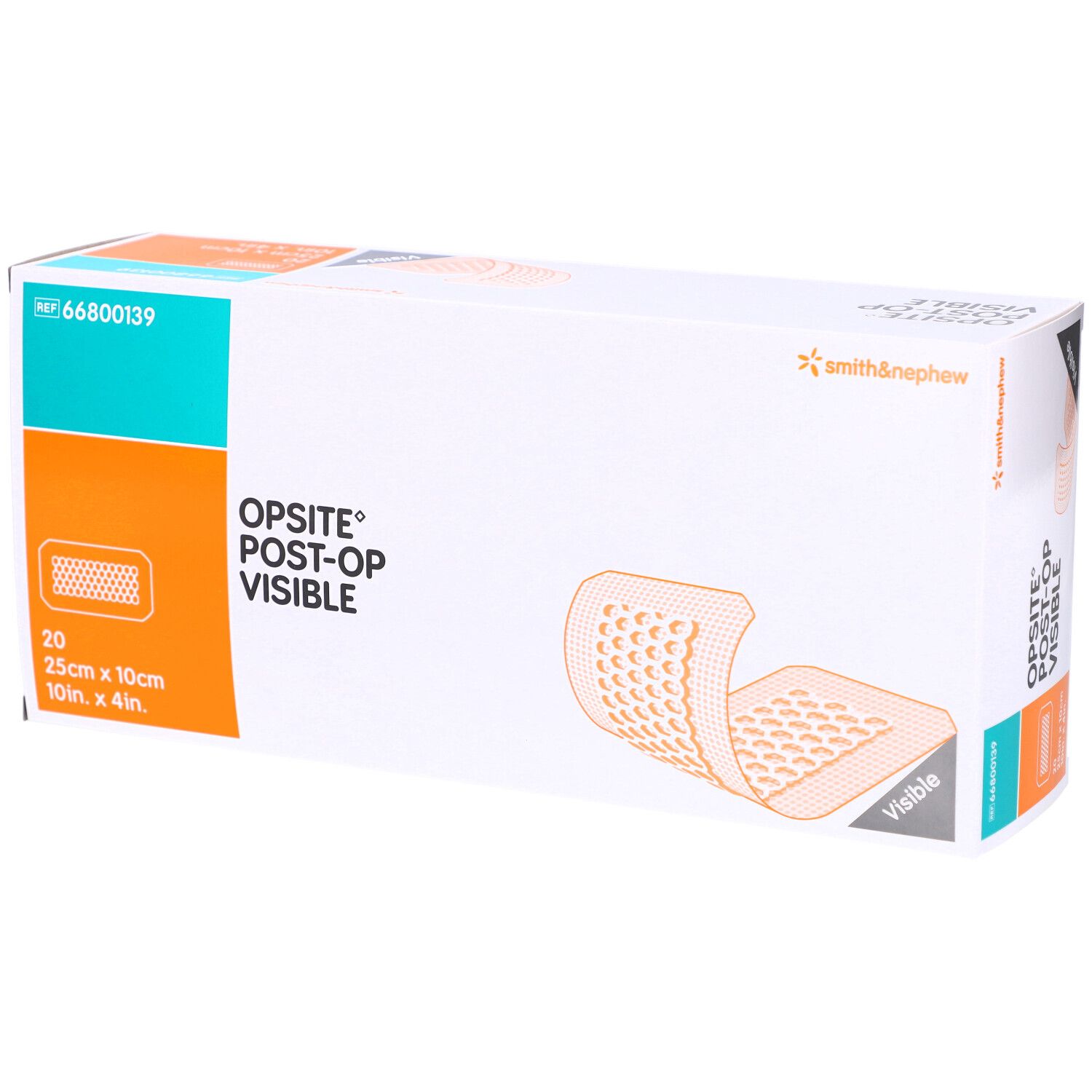 Verpackung von OPSITE Post-Op Visible. Enthält 20 Verbände, 25cm x 10cm. Marke Smith & Nephew.