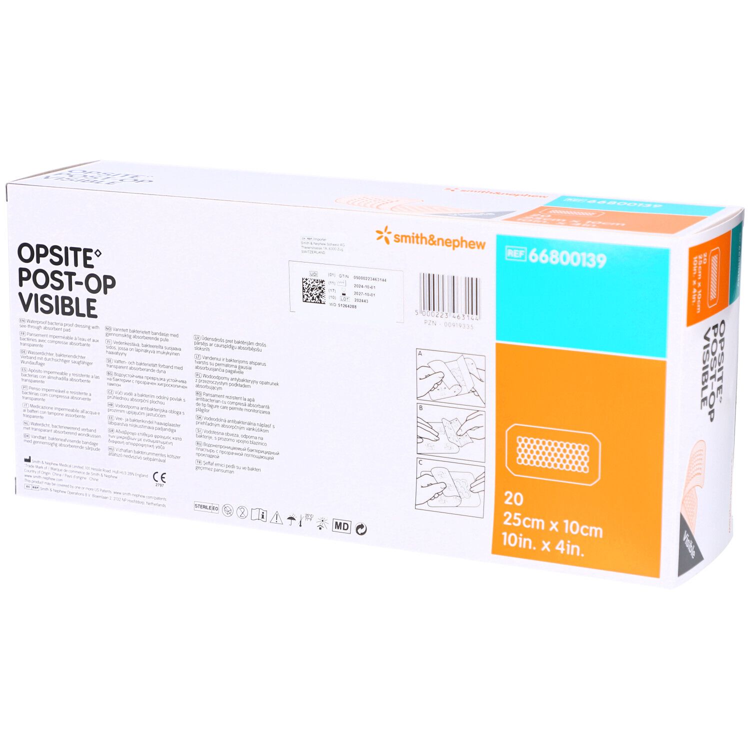 Verpackung von OPSITE Post-Op Visible. Enthält 20 Verbände, 25cm x 10cm. Marke Smith & Nephew.