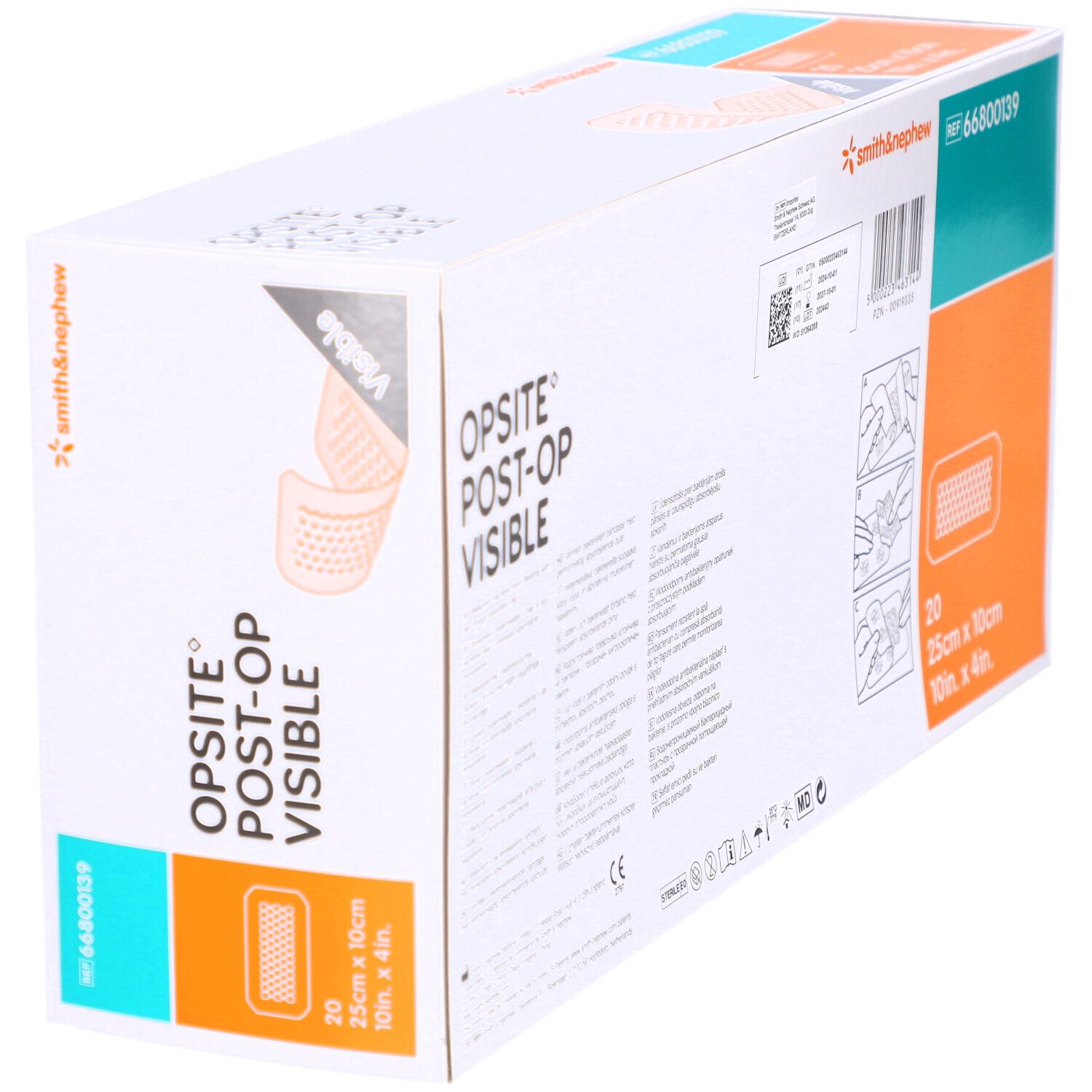 Verpackung von OPSITE Post-Op Visible. Enthält 20 Verbände, 25cm x 10cm. Marke Smith & Nephew.