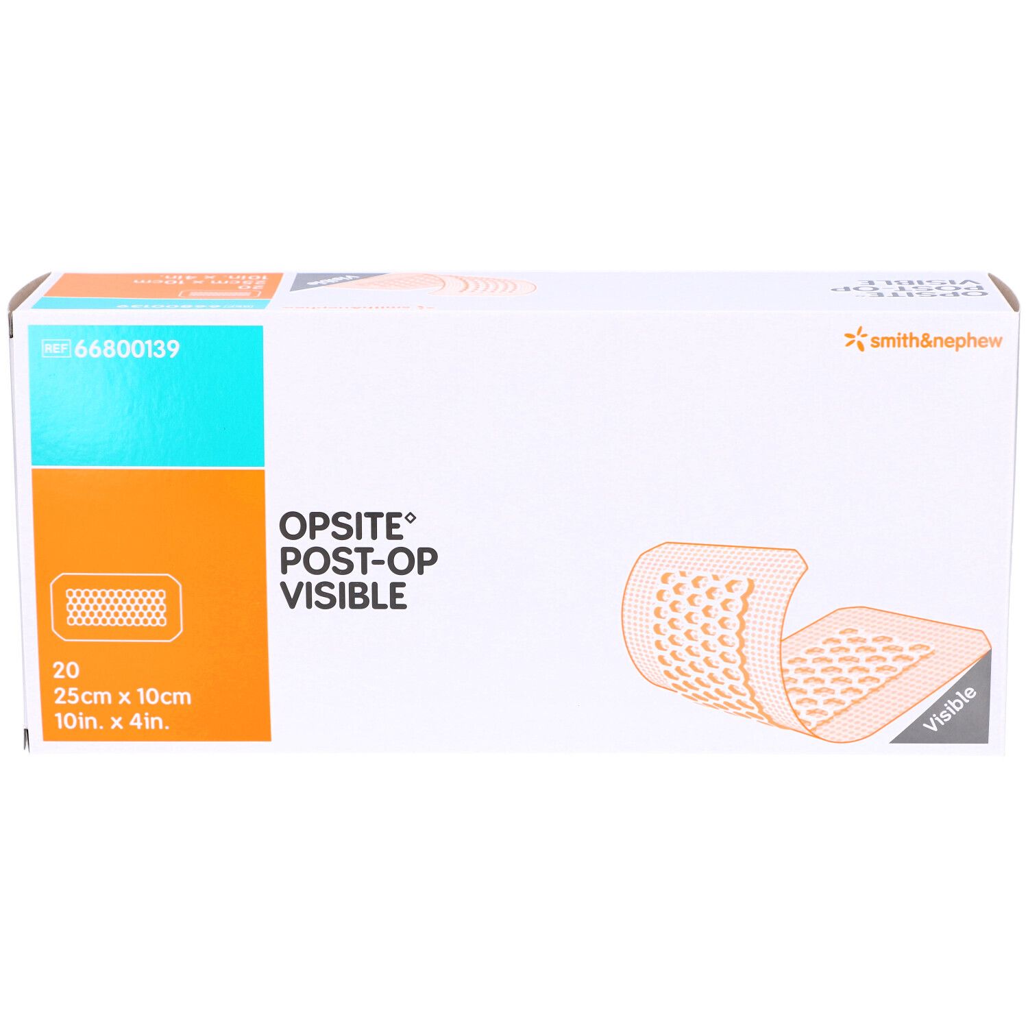 Verpackung von OPSITE Post-Op Visible. Enthält 20 Verbände, 25cm x 10cm. Marke Smith & Nephew.