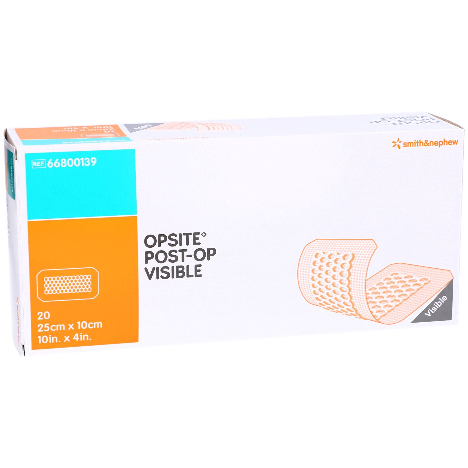 Verpackung von OPSITE Post-Op Visible. Enthält 20 Verbände, 25cm x 10cm. Marke Smith & Nephew.