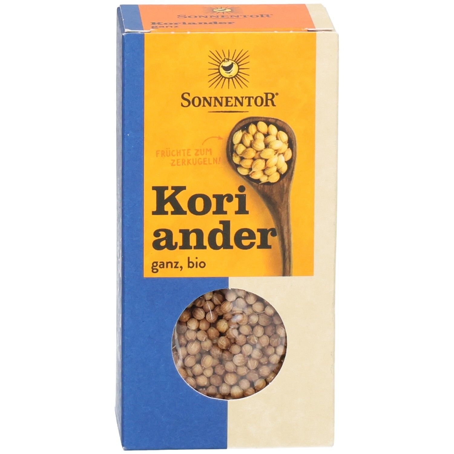 Sonnentor Bio Koriander ganz: Vorderseite der Verpackung mit Produktnamen, Löffel voller Samen und Fenster.
