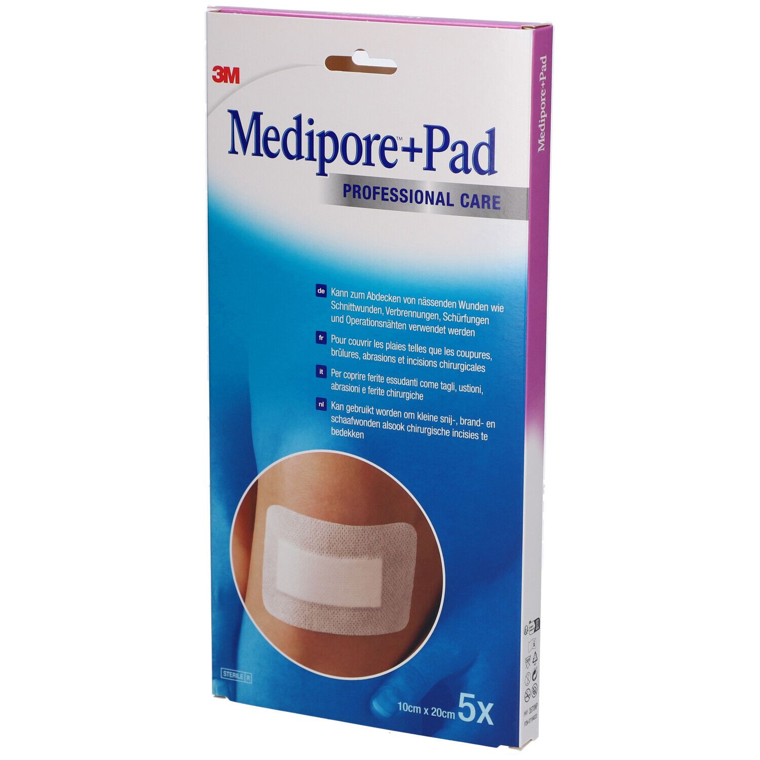 Verpackung von 3M Medipore+Pad. Auf der Verpackung ist ein Pflaster auf einem Arm abgebildet. Größe: 10 x 20 cm. 5 Stück.