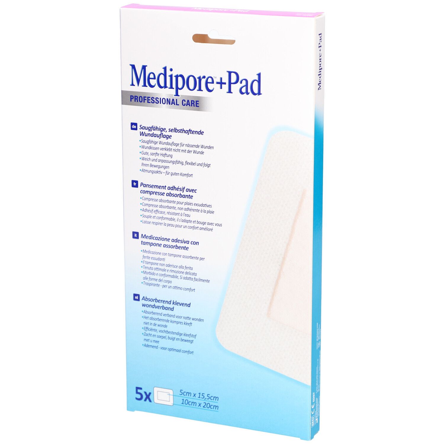 Verpackung von 3M Medipore+Pad. Auf der Verpackung sind Produktinformationen und ein Pflaster abgebildet. Größe: 10 x 20 cm. 5 Stück.