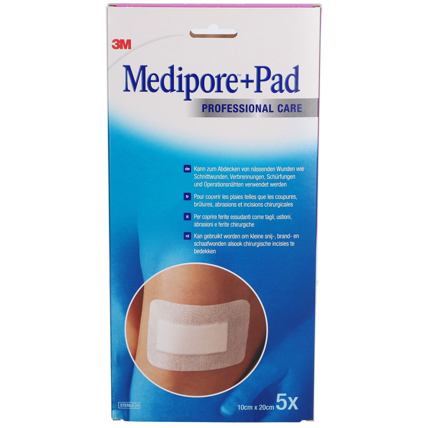 Verpackung von 3M Medipore+Pad. Auf der Verpackung ist ein Pflaster auf einem Arm abgebildet. Größe: 10 x 20 cm. 5 Stück.