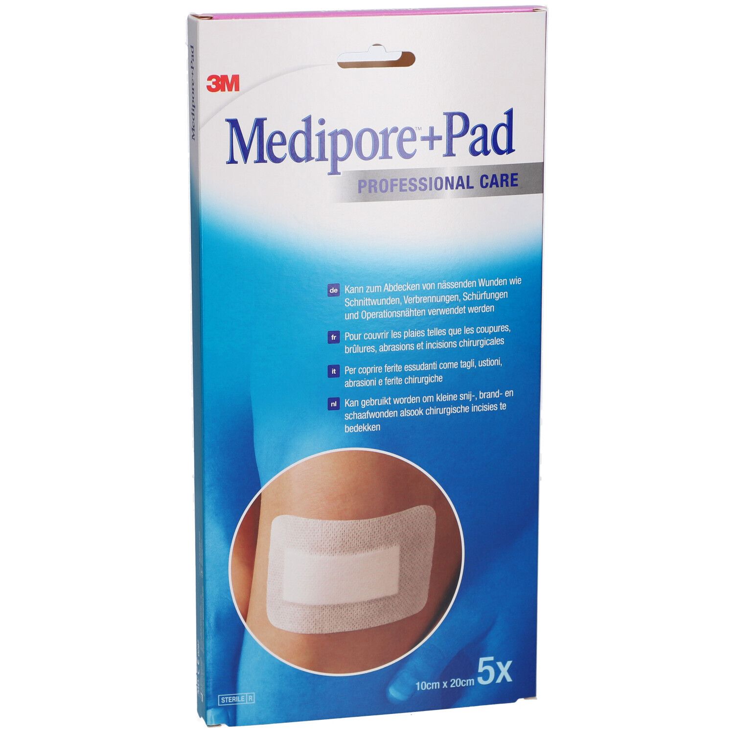 Verpackung von 3M Medipore+Pad. Auf der Verpackung ist ein Pflaster auf einem Arm abgebildet. Größe: 10 x 20 cm. 5 Stück.