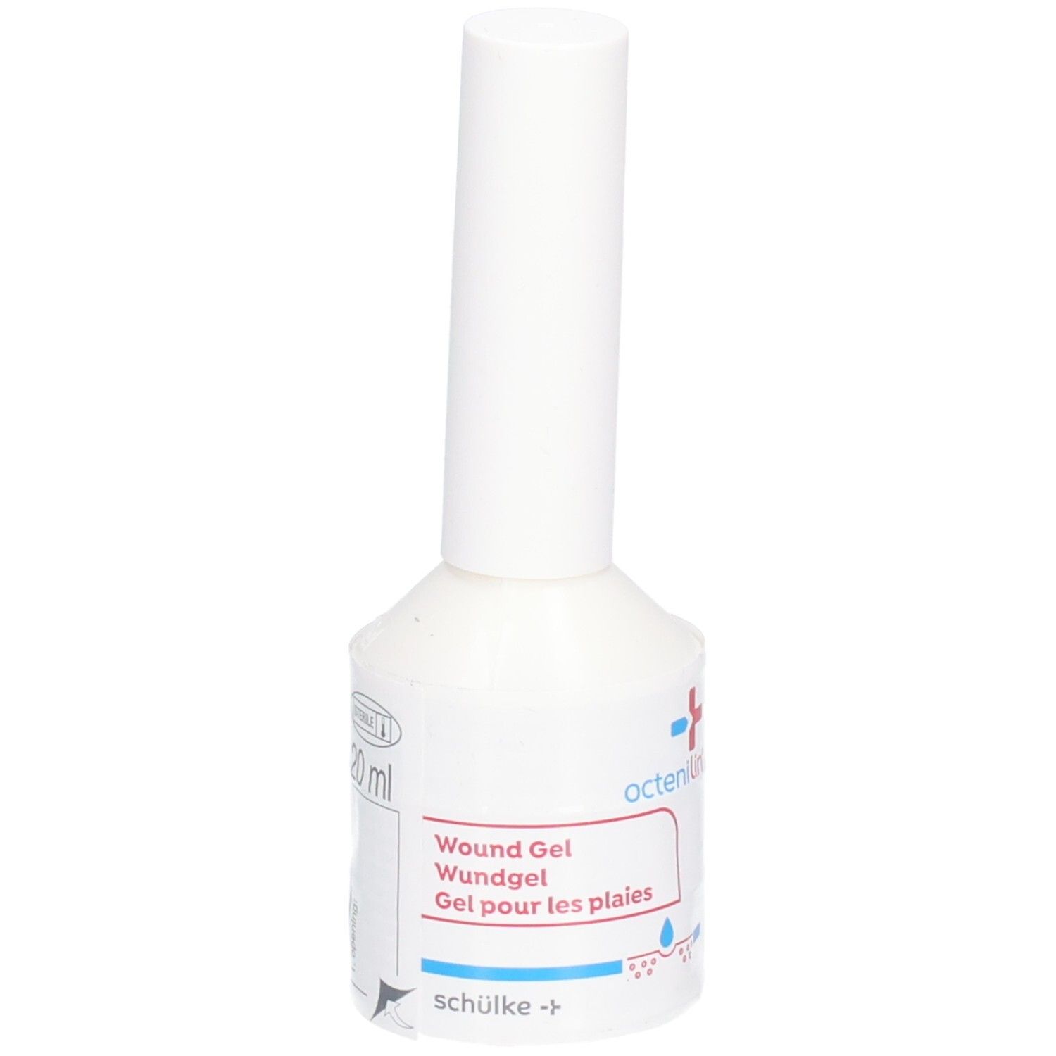Flacon blanc avec bouchon à vis. Inscription: Wund Gel, 20 ml. Marque: octenilin. Fabricant: schülke +.