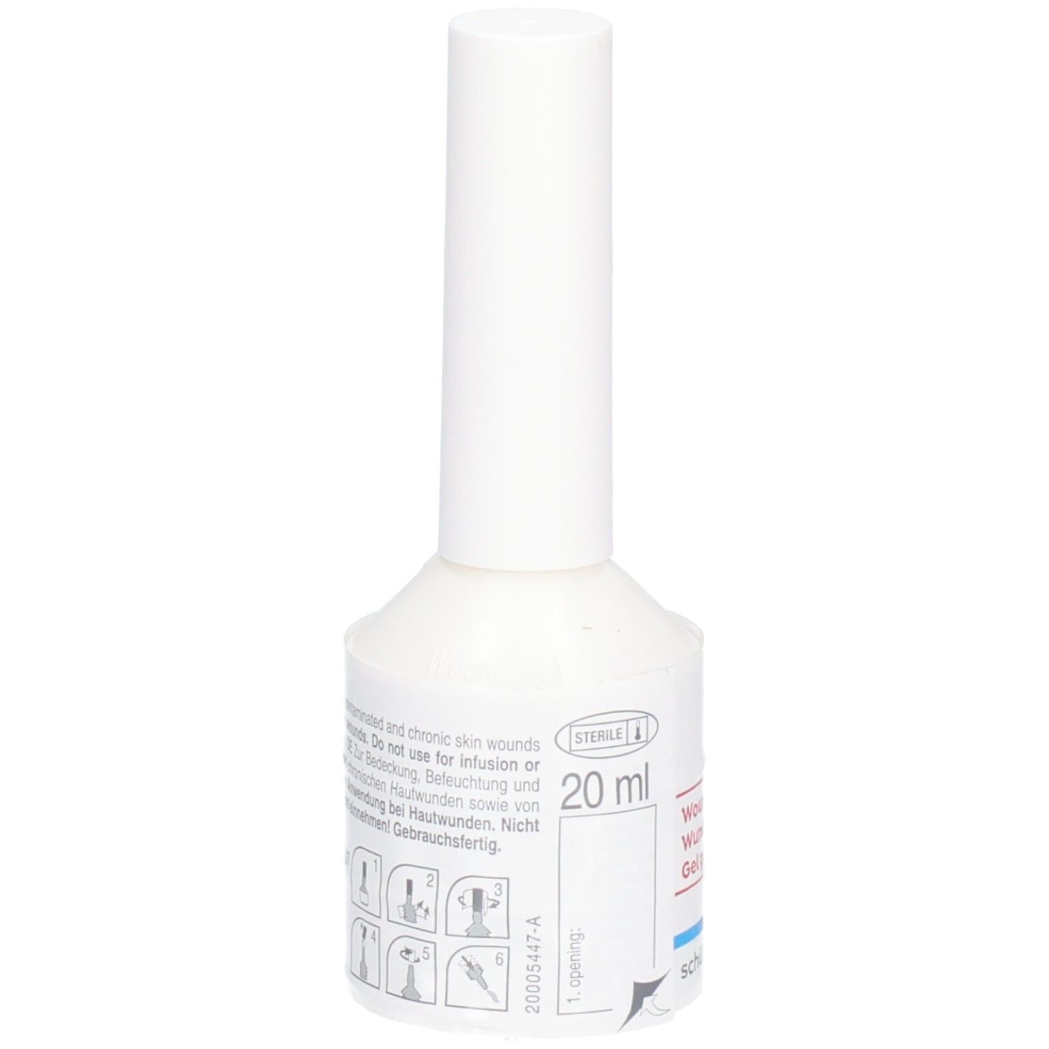 Flacon blanc avec bouchon à vis. Inscription: Wund Gel, 20 ml. Marque: octenilin. Fabricant: schülke +.