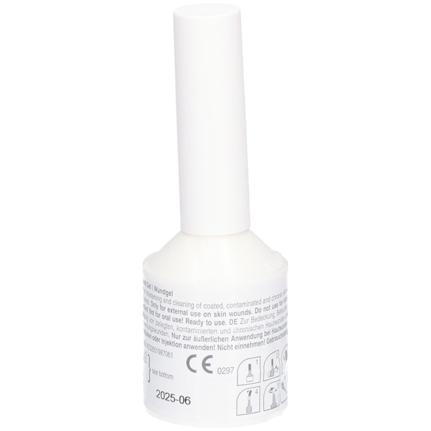 Flacon blanc avec bouchon à vis. Inscription: Wund Gel. Marquage CE. Fabricant: schülke +.