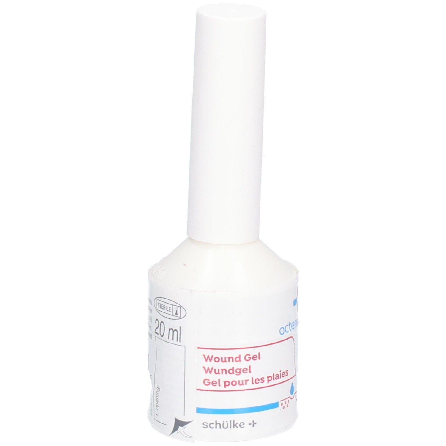 Flacon blanc avec bouchon à vis. Inscription: Wund Gel, 20 ml. Marque: octenilin. Fabricant: schülke +.