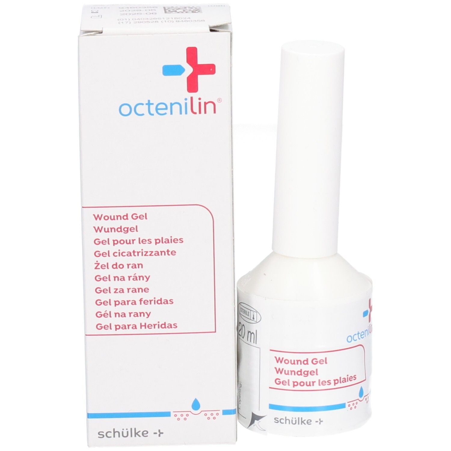 Emballage du produit avec flacon. Inscription: Wund Gel. Marque: octenilin. Fabricant: schülke +.