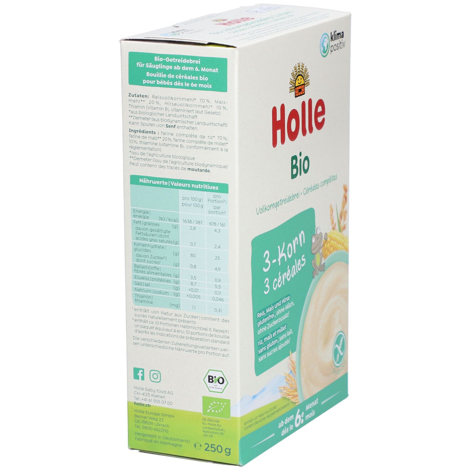 HOLLE Porridge Bio complet pour bébé 3 céréales