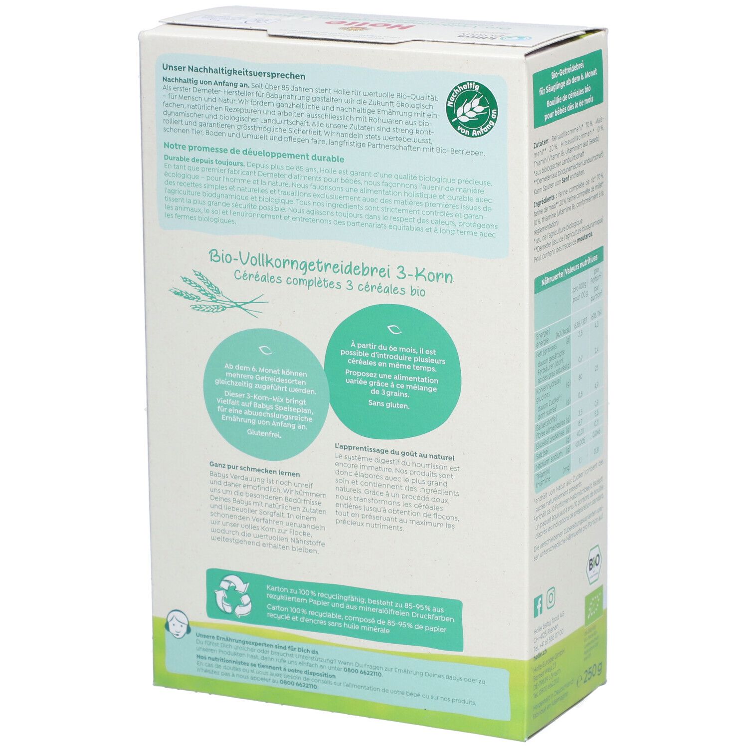 HOLLE Porridge Bio complet pour bébé 3 céréales