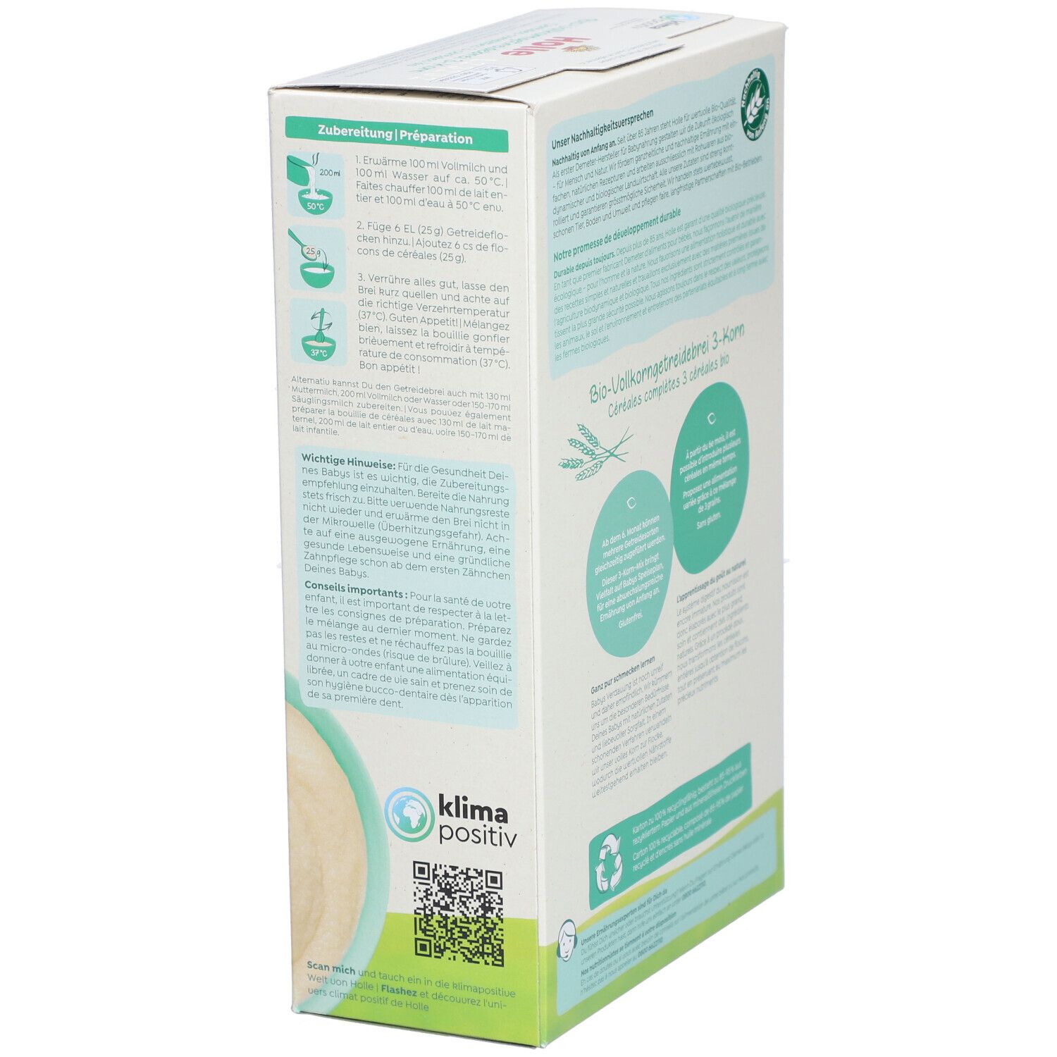 HOLLE Porridge Bio complet pour bébé 3 céréales
