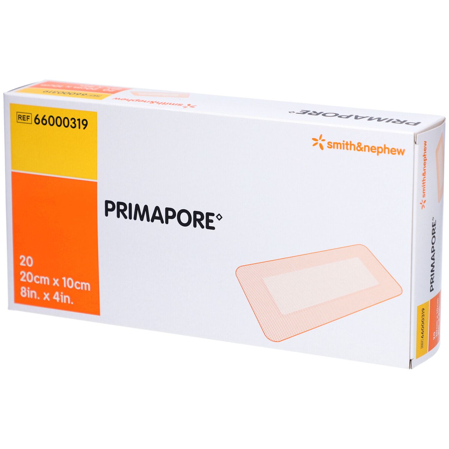 Verpackung von Primapore Post-Op Pflaster. Enthält 20 Stück, 20cm x 10cm. Marke Smith & Nephew.