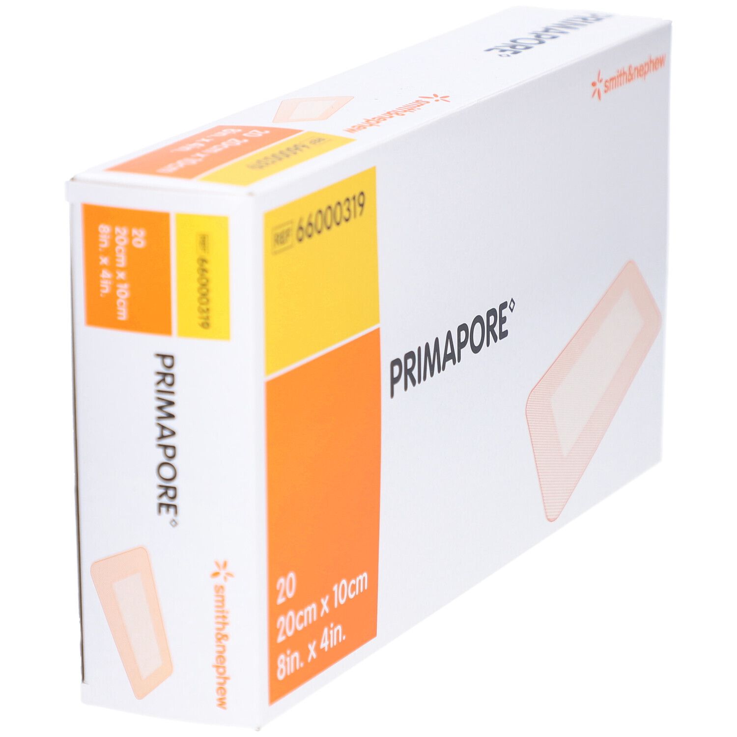 Verpackung von Primapore Post-Op Pflaster. Enthält 20 Stück, 20cm x 10cm. Marke Smith & Nephew.